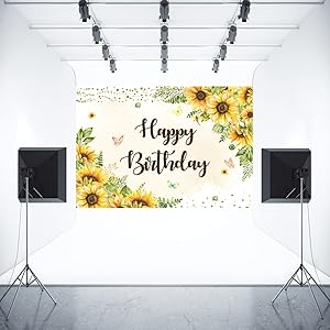 Aperturee 5x3ft Sunflowers Happy Birthday Backdrop Butterfly Gold Dots Girls Women Sweet 16th Bday Photography Background Party Decorations Photo Booth Studio Props Banner Supplies Cake Table