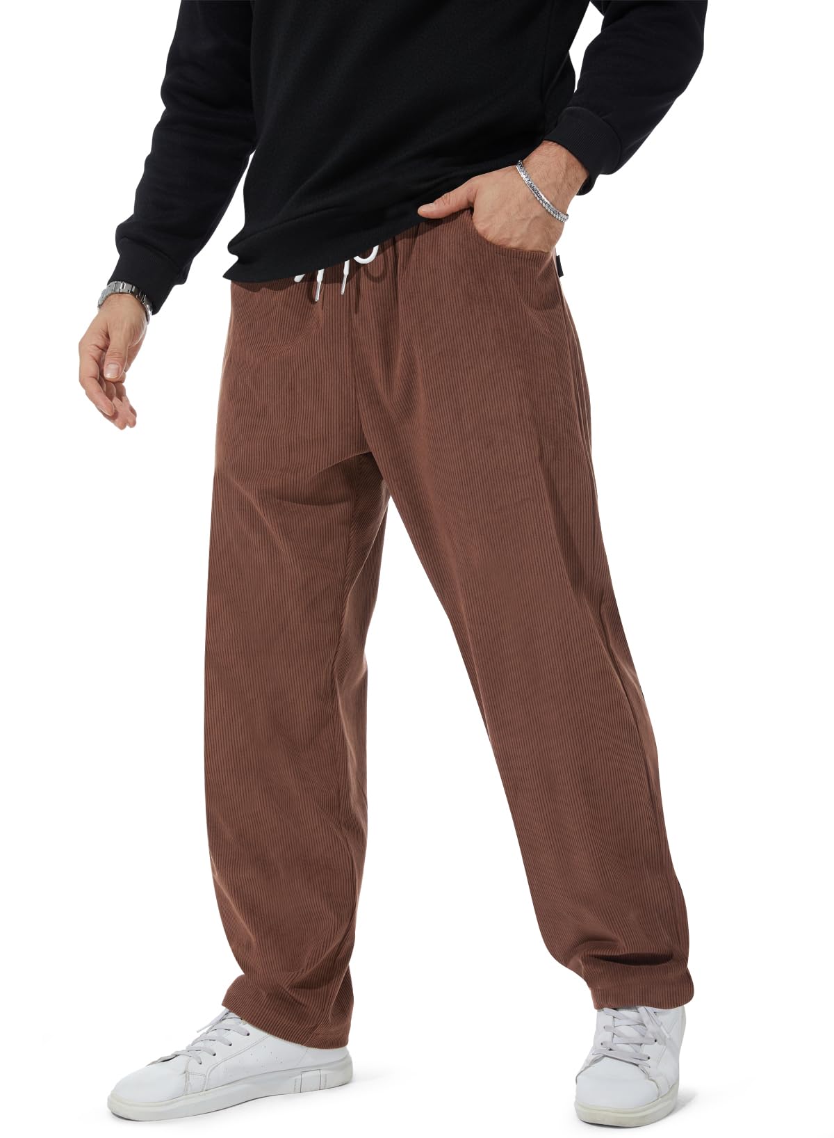 Mens Corduroy Casual Pants Joggers Cargo Pants Drawstring Elastic Waist Baggy Sweatpants with Pockets