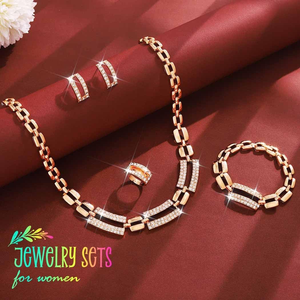 Unicra Gold Jewelry Sets Chunky Necklace Earrings Ring Set Rhinestone Fashion Statement Costume Jewelry Set for Women - Image 2