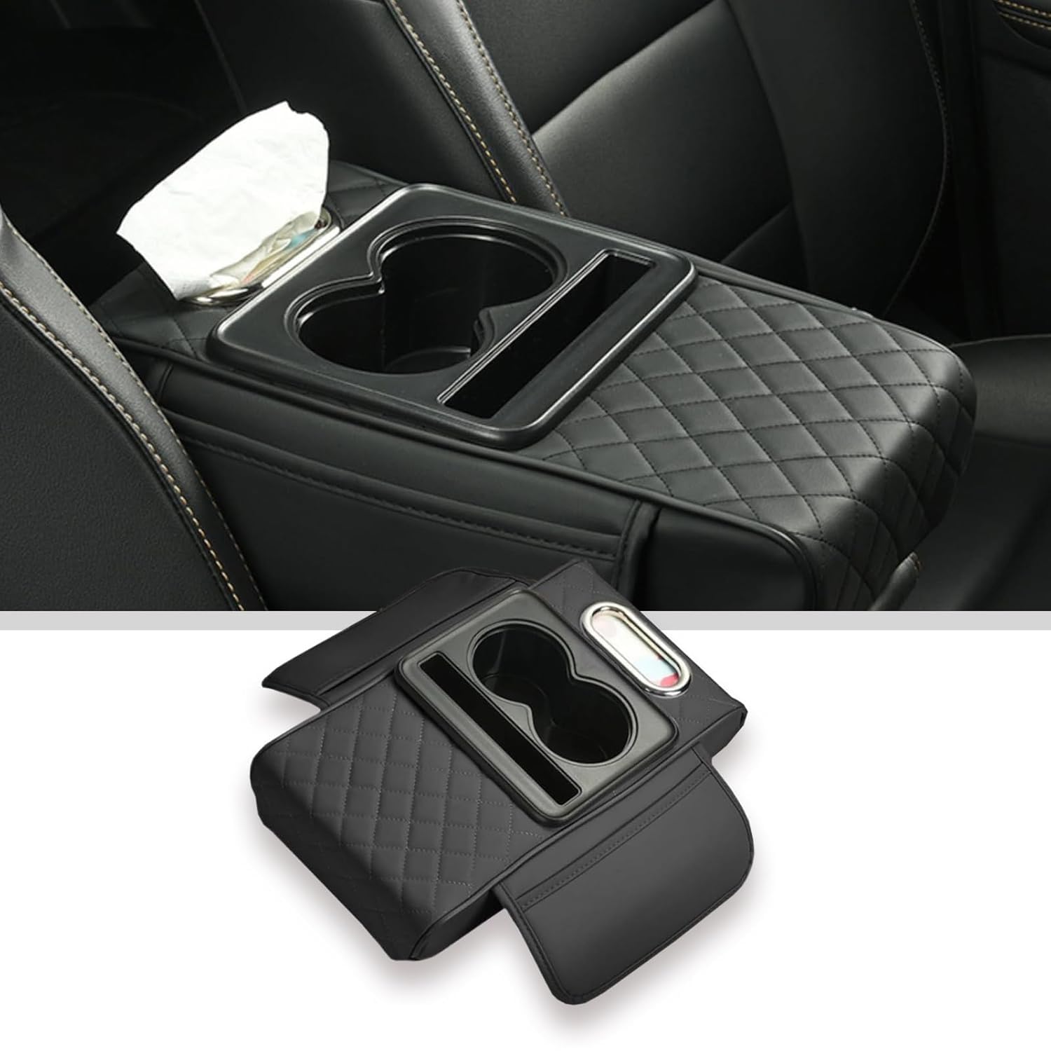 Car Armrest Storage Box with Cup Holder and Tissue Slot, PU Leather Armrest Cover with Dual Side Pockets for Front Seat Console