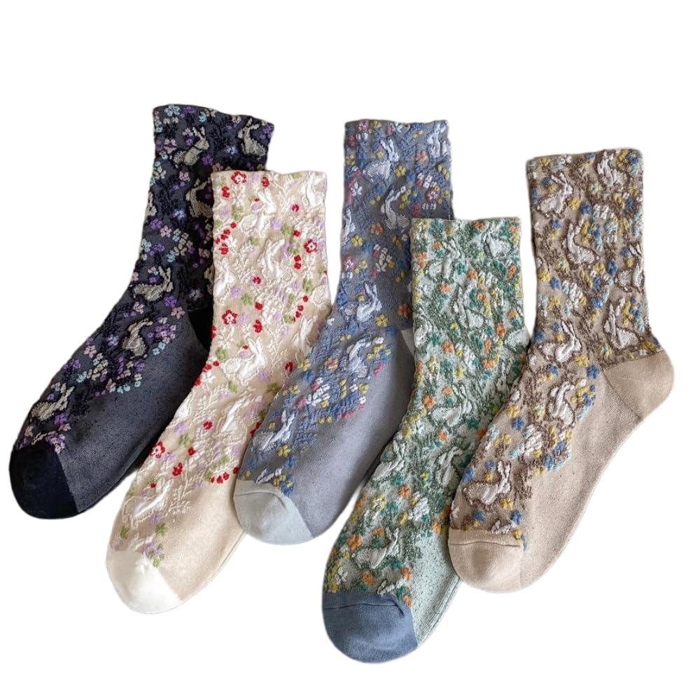 Vintage Embroidered Crew Socks for Women with Cute Flowers, Combed Cotton Crew Socks for Spring and Fall