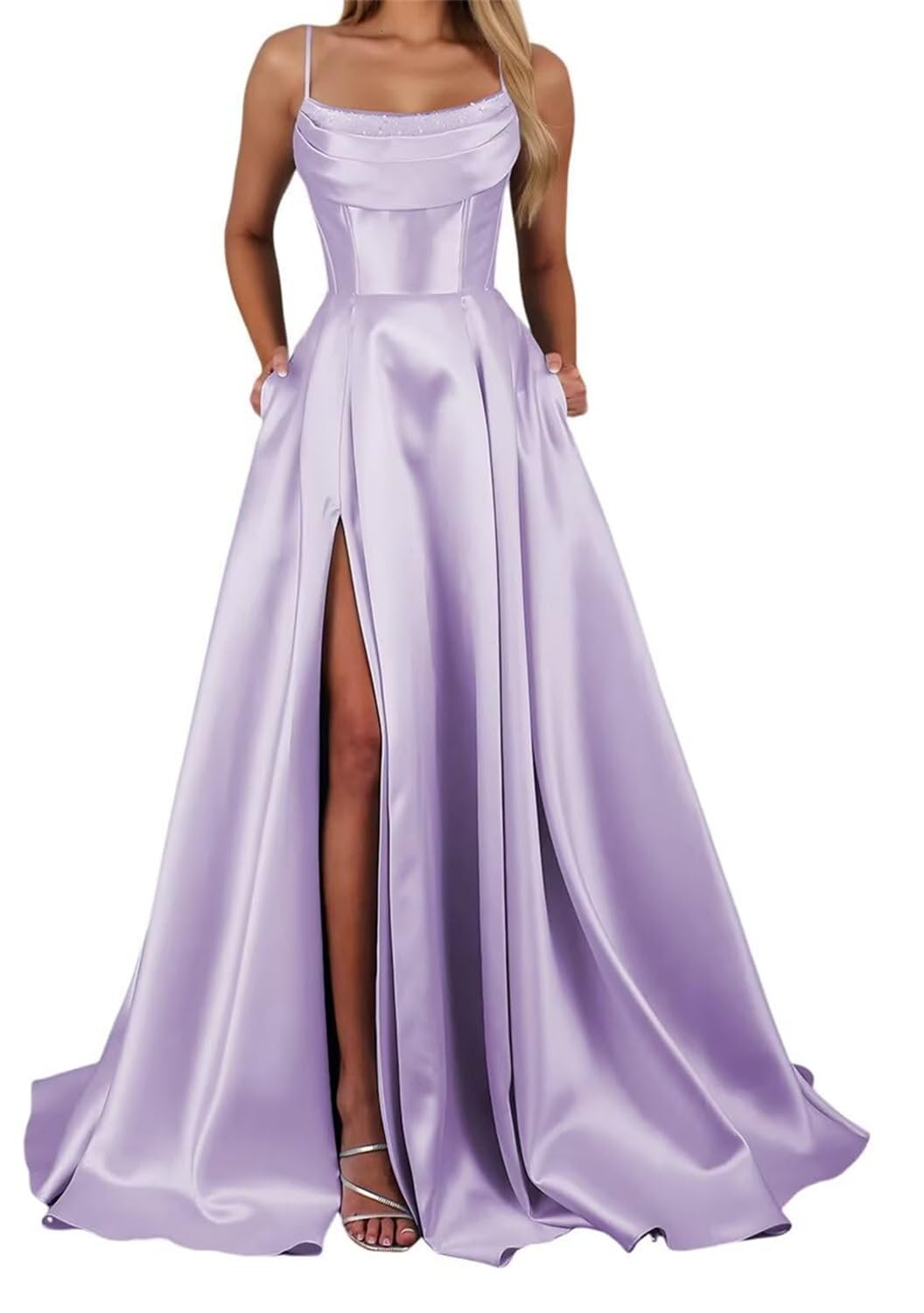 Yiann Women's Lilac Satin Bridesmaid Dresses For With Slit Pleated Spaghetti Strap Long Prom Ball Gown Uk12