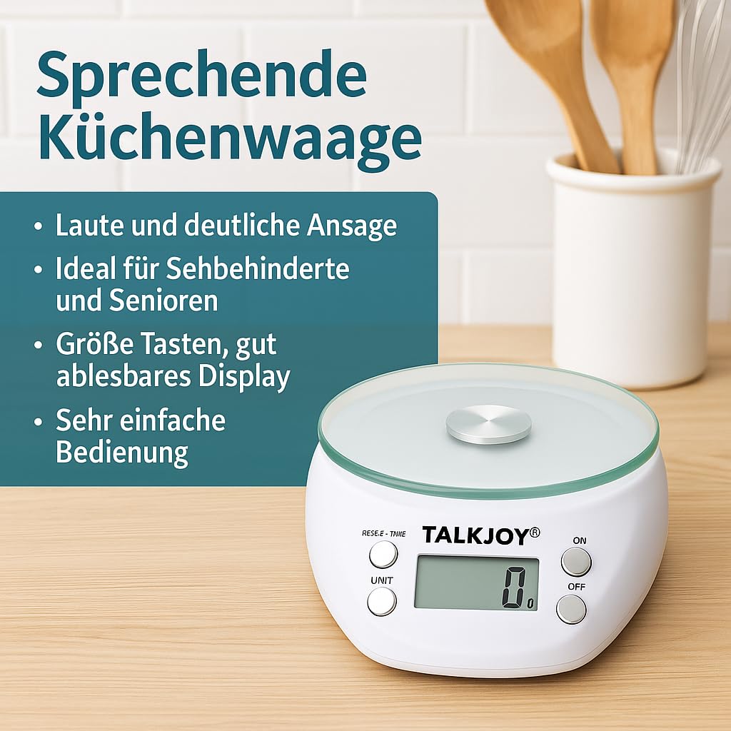Sprechende Küchenwaage, Digitale Haushaltswaage für Blinde, Sehbehinderte und Senioren, Ansage von Gewicht in g/ml, mit Tara-Funktion, bis 5 kg, Farbe Weiß