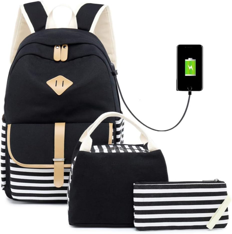 Canvas Backpack Girls Stripe School Bookbag Women College Backpack Travel Casual Daypacks for Teen Girls Black