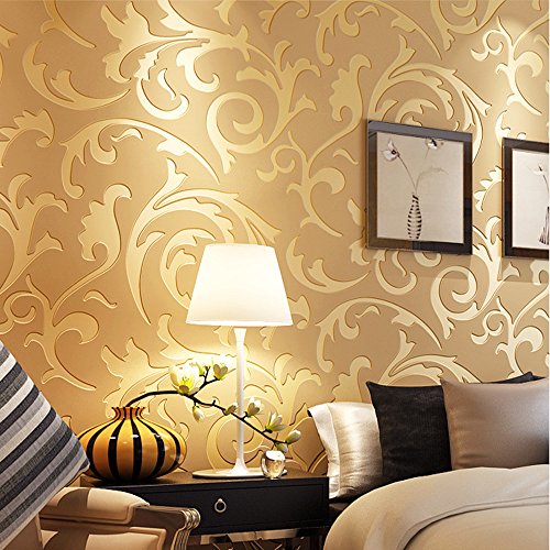 Qihang European Retro Victorian Damask Embossed Textured Non-Woven Flocking Wallpaper Gold Color 0.53M*10M=5.3㎡ #TOP1
