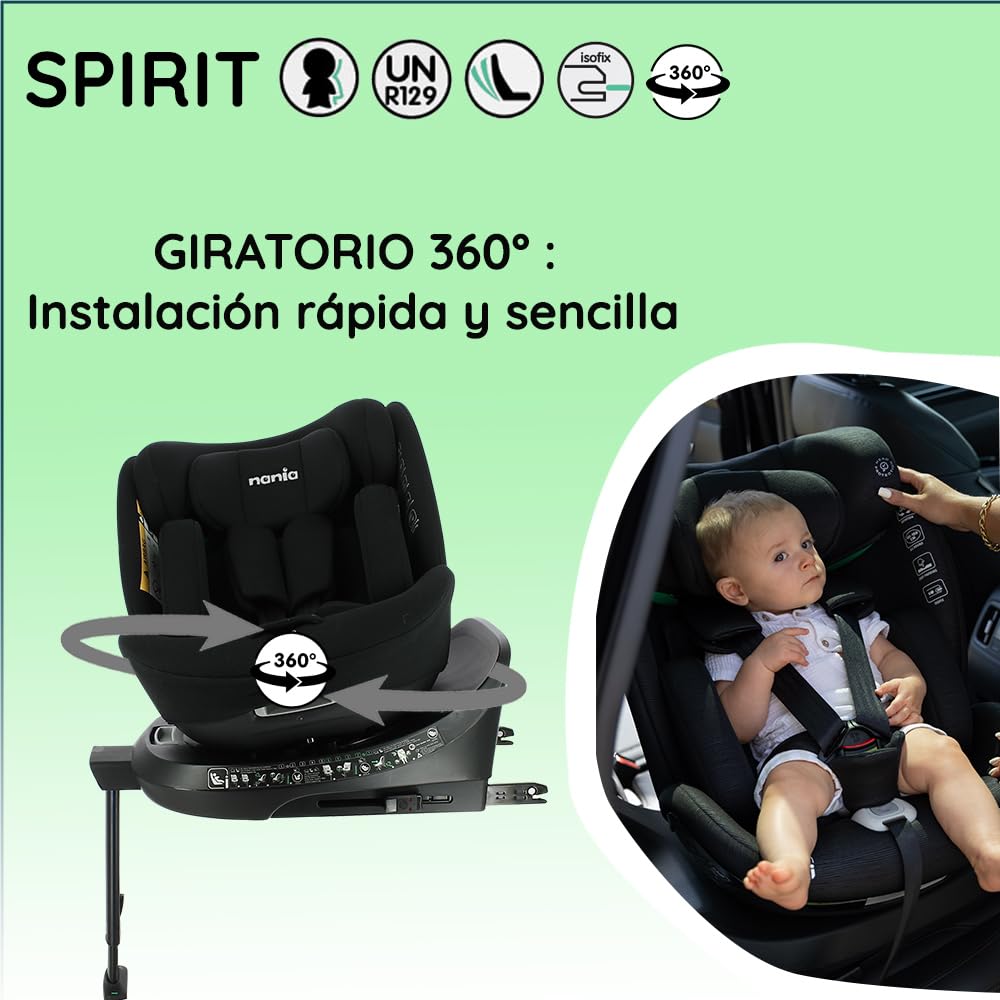 nania Nania - Silla de auto SPIRIT 360° giratoria - Talla I 40-150 cm - Actualizable desde el nacimiento hasta aprox. 12 años - Grupo 0+/1/2/3 - Fijaciones Isofix + puntal de soporte (Spirit)