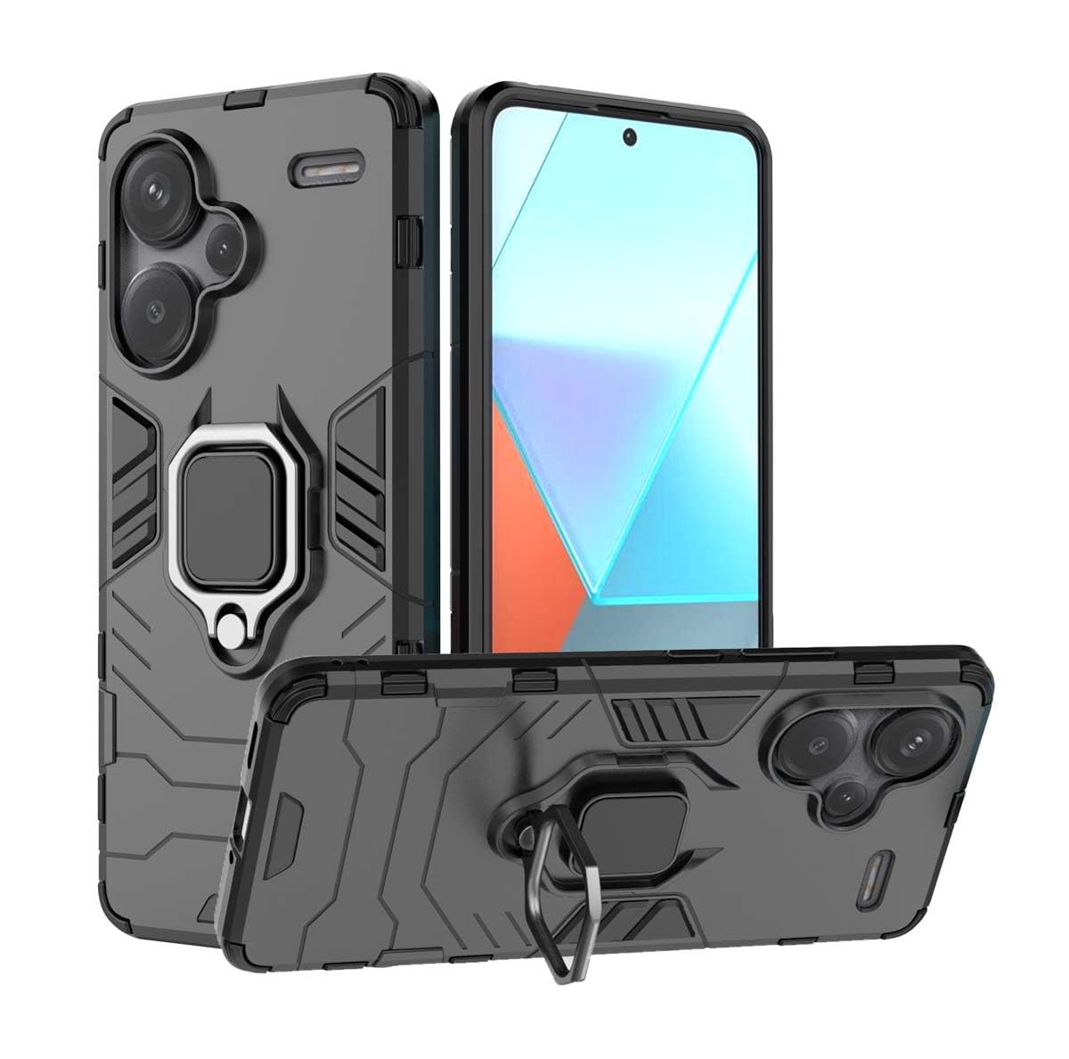 COMAKU Cover Armor per Xiaomi Redmi Note 13 Pro Plus 5G (Pro+), Custodia TPU +PC Antiurto con Anello Supporto [con 2 Pezzi Vetro Temperato Pellicola Schermo ] - Nero