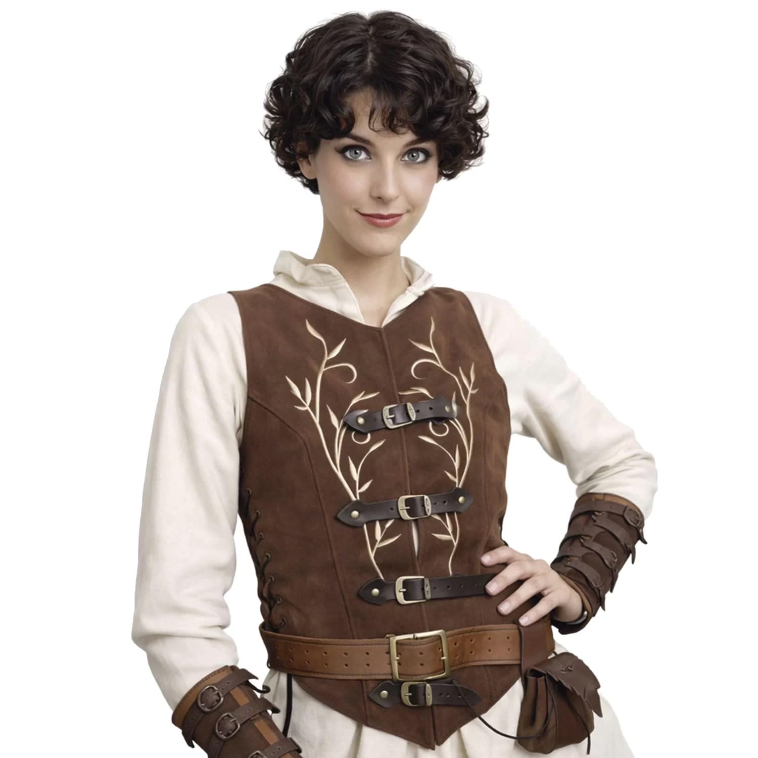 RAWBLADE Lassel Short Jerkin, Medieval Leather Vest with Floral Embroidery & Buckle Fastening, LARP Costume for Renaissance Fair, Cosplay & Historical Reenactment