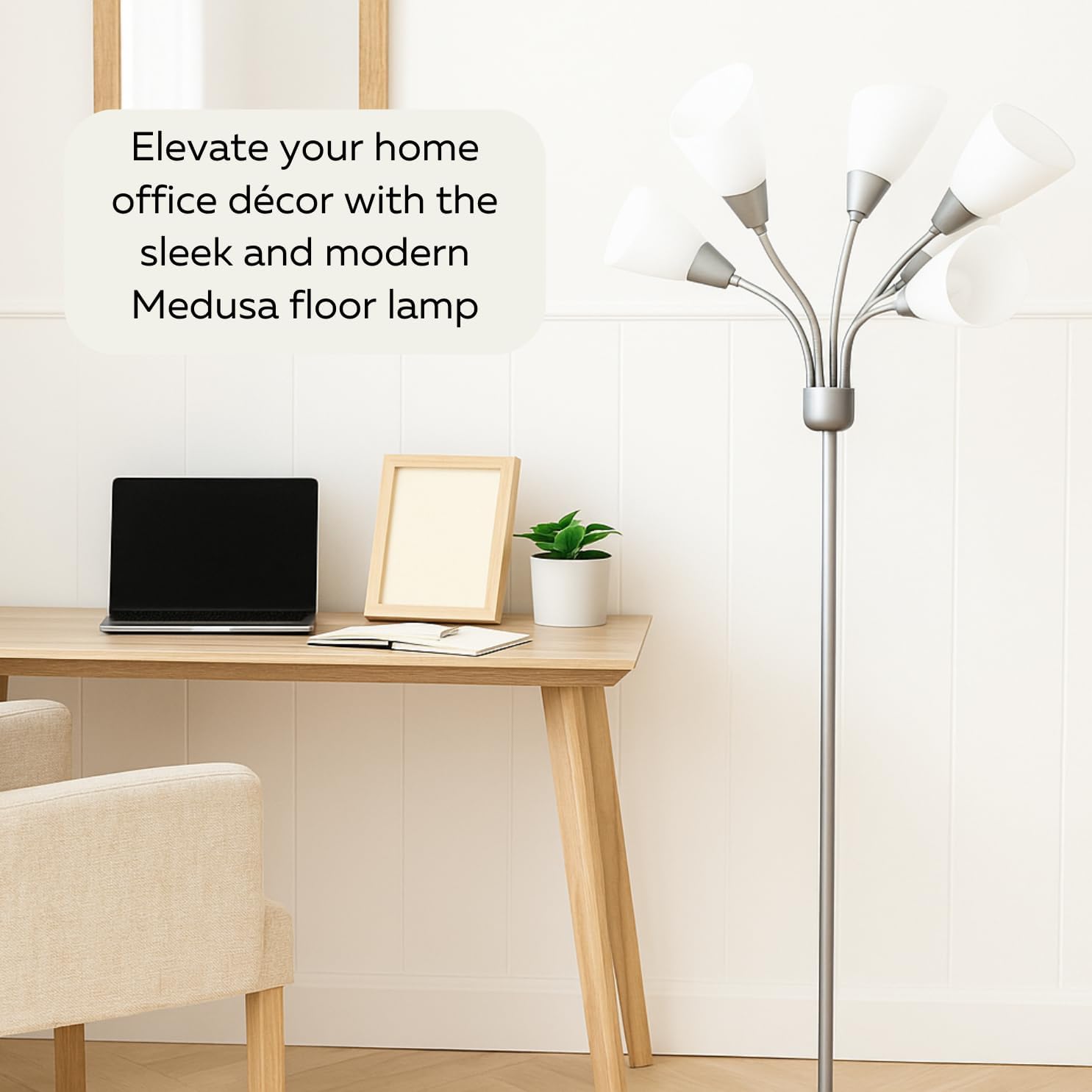 LIGHTACCENTS Medusa 5-Light Floor Lamp – Silver Multi-Head Standing Lamp w/ 5 Adjustable White Acrylic Shades for Bedroom, Living Room, Office