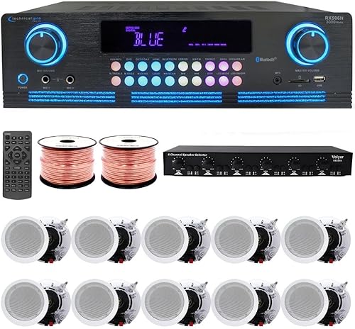 Vaiyer Home Audio Sound System Kit - 2000 W Bluetooth Amplifier w 10 Qty of 6.5" Framed Ceiling Speakers 200 W Each, 6-Ch Speaker Selector wVolume