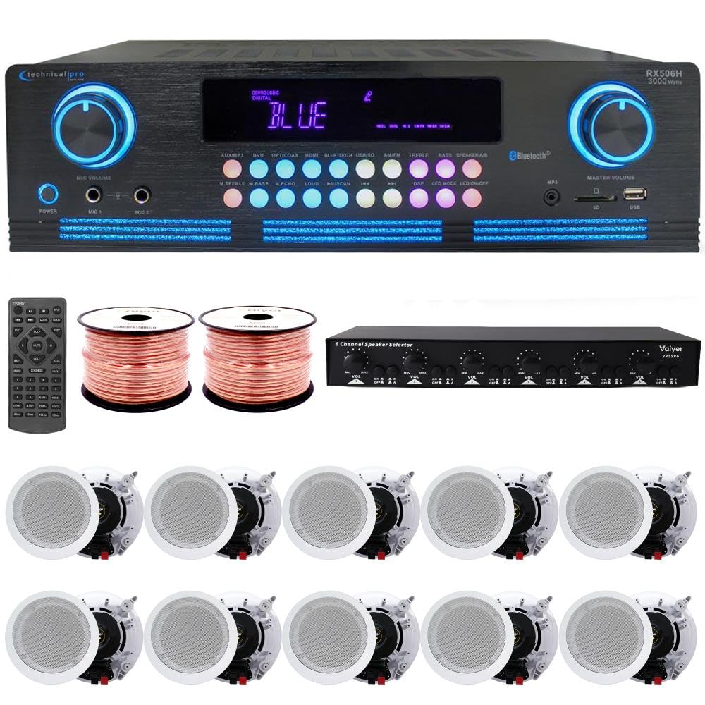 Vaiyer Home Audio Sound System Kit - 2000 W Bluetooth Amplifier W/ 10 Qty of 6.5 Framed Ceiling Speakers 200 W Each, 6-Ch Speaker Selector W/Volume Control, 500 Ft Speaker Wire & Remote