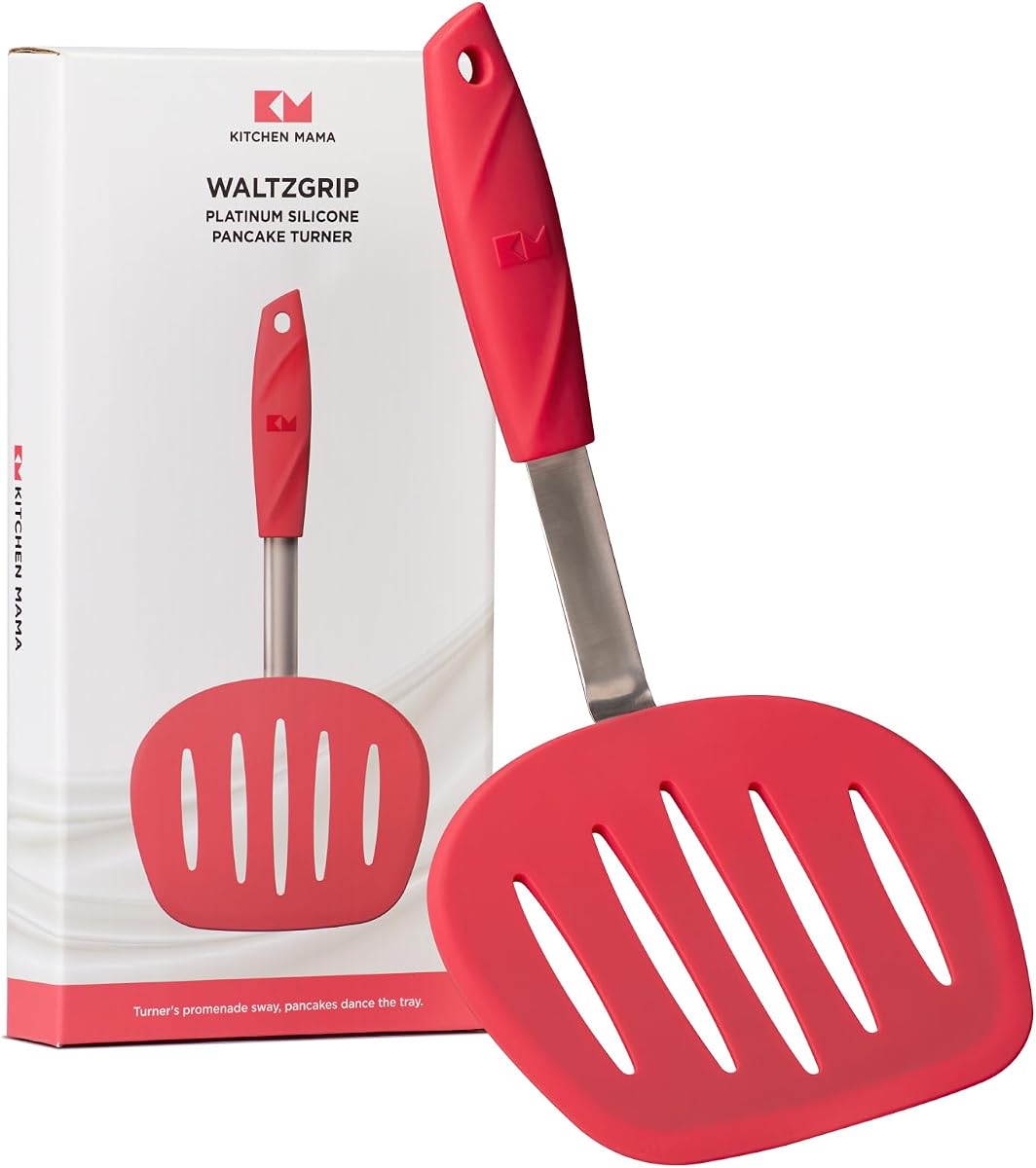 Kitchen Mama WaltzGrip Platinum Silicone Pancake Spatula Turner, Red | Heat-Resistant, Slotted Tapered Head, Stainless Steel Core, Durable and Dishwasher-Safe, For Flipping and Wok Use