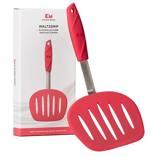 Kitchen Mama WaltzGrip Platinum Silicone Pancake Spatula Turner, Red | Heat-Resistant, Slotted Tapered Head, Stainless Steel Core, Durable and Dishwasher-Safe, For Flipping and Wok Use