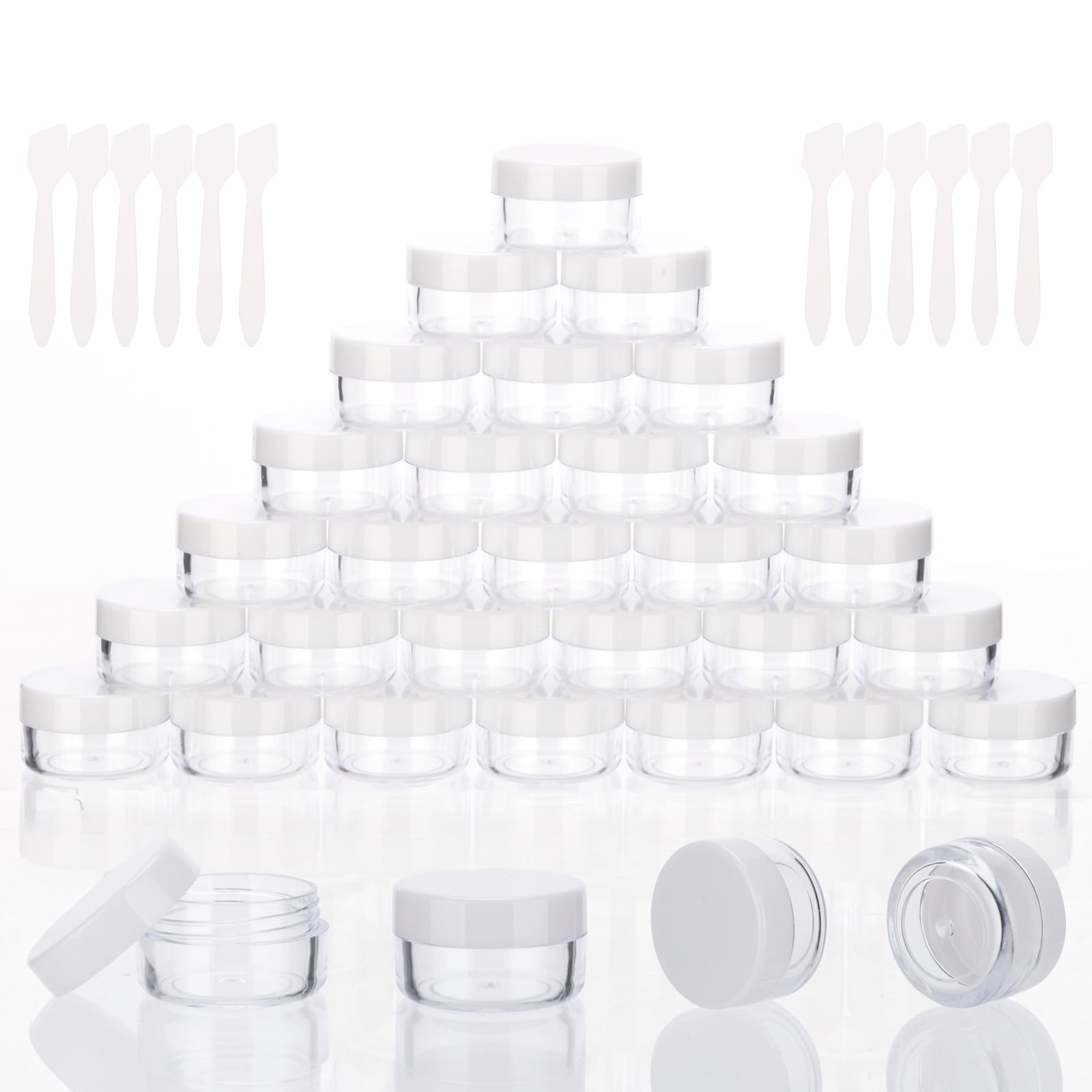 Lot de 200 pots d'échantillons de 5 g avec couvercles blancs, pots cosmétiques vides avec couvercles, petits contenants de voyage pour paillettes, lotion, crème, perles, avec étiquettes, mini spatules