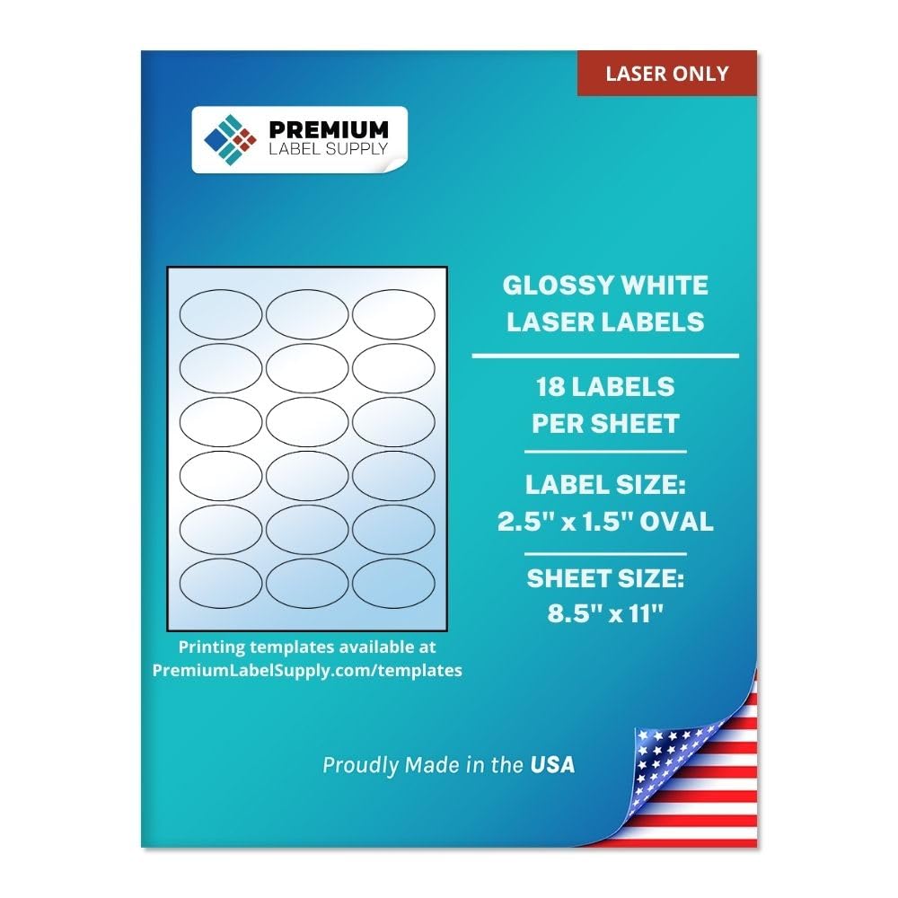 Premium Label Supply Glossy White Oval Sticker Labels – 2.5" x 1.5" Oval – (18 per Sheet) (Glossy White for Laser Only, 180 Labels)