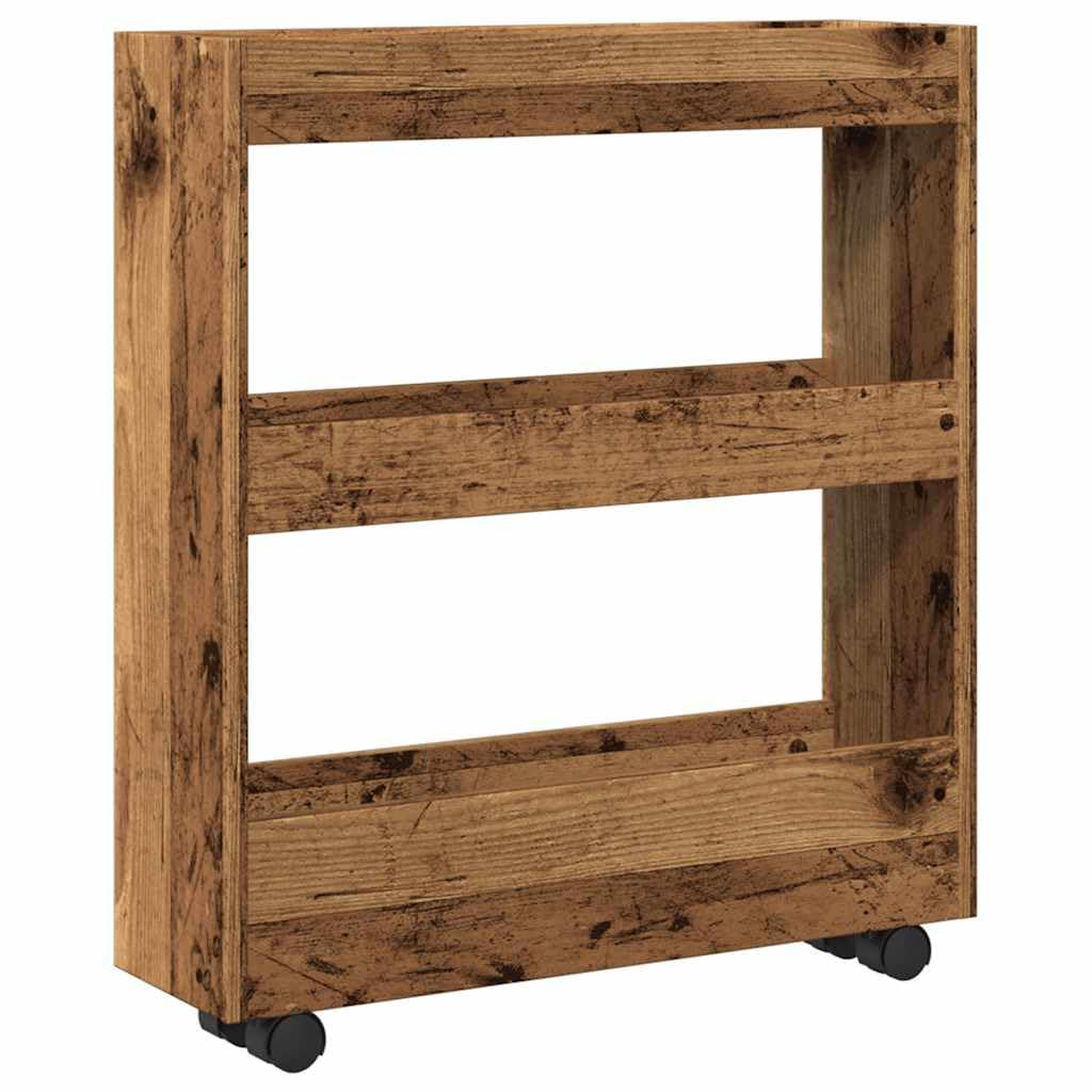 Carrello portaoggetti sottile con 3 ripiani in effetto legno anticato, molto spazio per oggetti di uso quotidiano, carrello con ruote girevoli e due ruote bloccabili