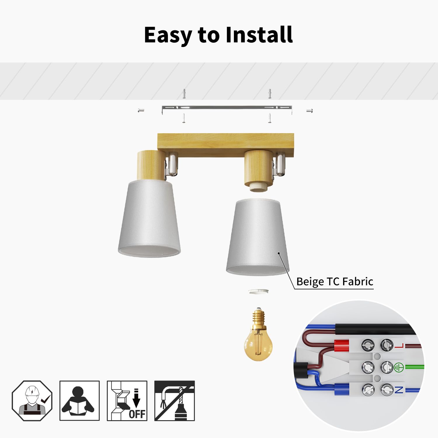 LVWIT Faretti da Soffitto E14, Faretto da Interno Bianco con 2 Faretto, Faretti Orientabili Legno, Faretto da Parete Interno Vintage per Barra, Salotto,Cameretta, Cucina, Bagno (Lampadine Escluse)