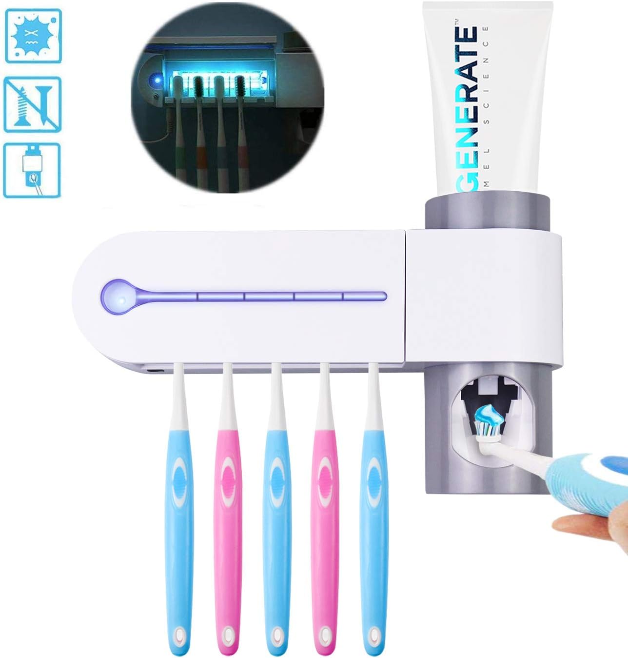 UV Toothbrush Sterilizer Holder Electric Wall Mounted Toothbrush Sanitizer with Automatic Toothpaste Dispenser Bathroom Shelves with Toothbrush Holder UK Plug (Best Gift for parents, kid, friends)