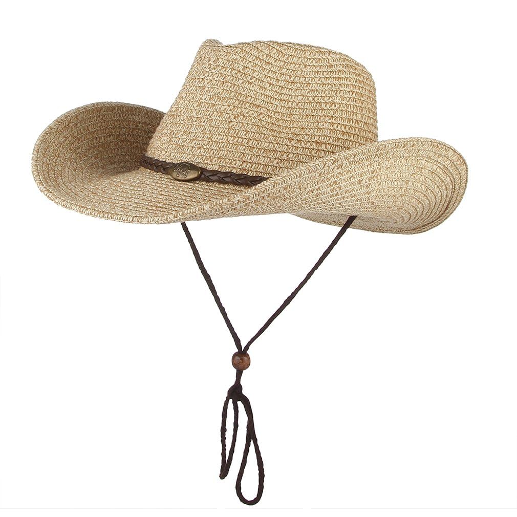 GEMVIE Sombrero de vaquero de verano para mujer, sombrero de vaquero de paja occidental con cuerda resistente al viento, sombrero de paja para playa al aire libre