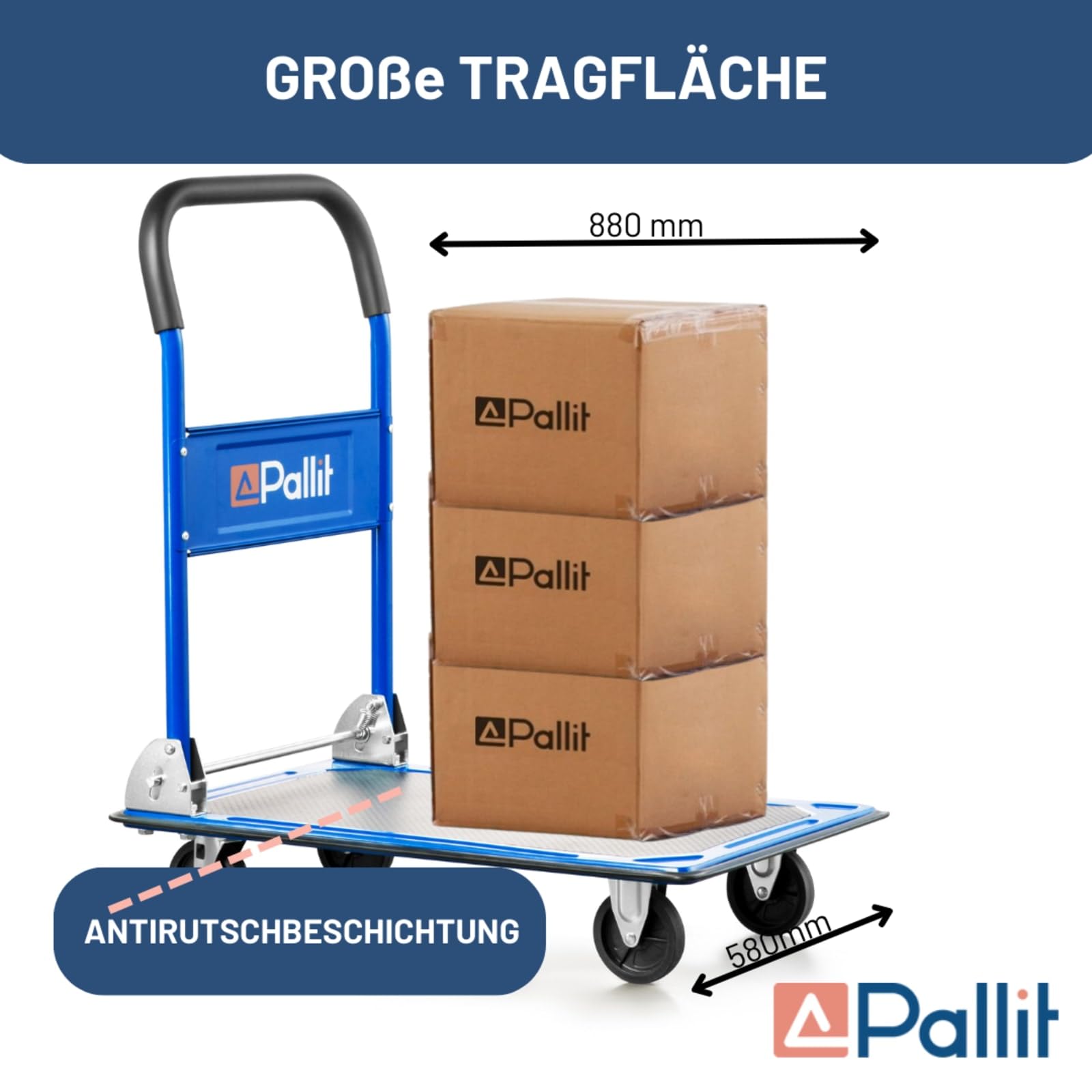 Pallit Carro de transporte plegable carretilla traspaleta manual en color azul, capacidad de carga de 300 kg, plegable, con revestimiento antideslizante, ayuda de transporte