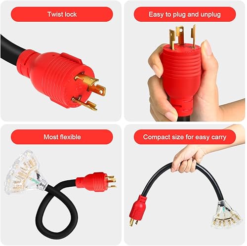 Miniatura 6 de Adaptador de corriente para generador de 3 clavijas de 30 amperios a 15 amperios20 amperios, cable de bloqueo, Nema L5-30P macho a 3X 5-20R hembra,