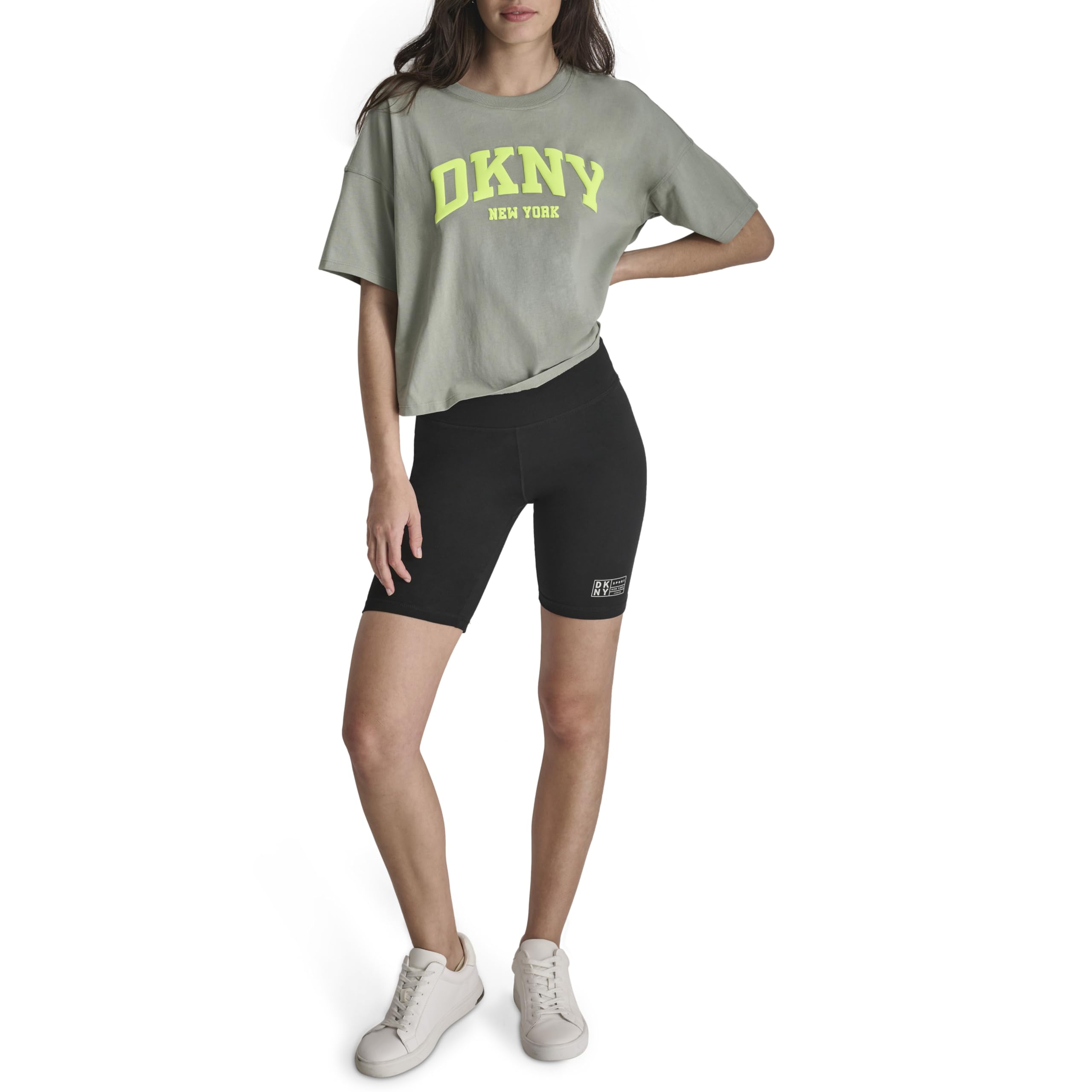 DKNY Women's Varsity Puff Logo Cropped Short Sleeves Tee, Lily Pad, X-Large Blouse, XL Femmes