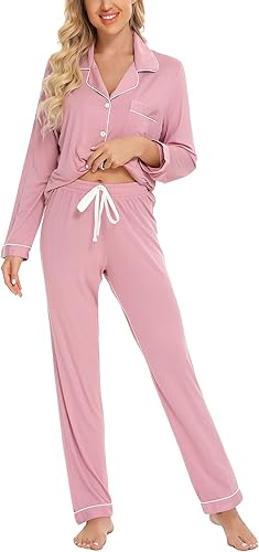 Anjue Pajamas for Women Soft Button Up Pajama Set Long Sleeve Shirt and Pajama Pants Lounge Sets S-XXL