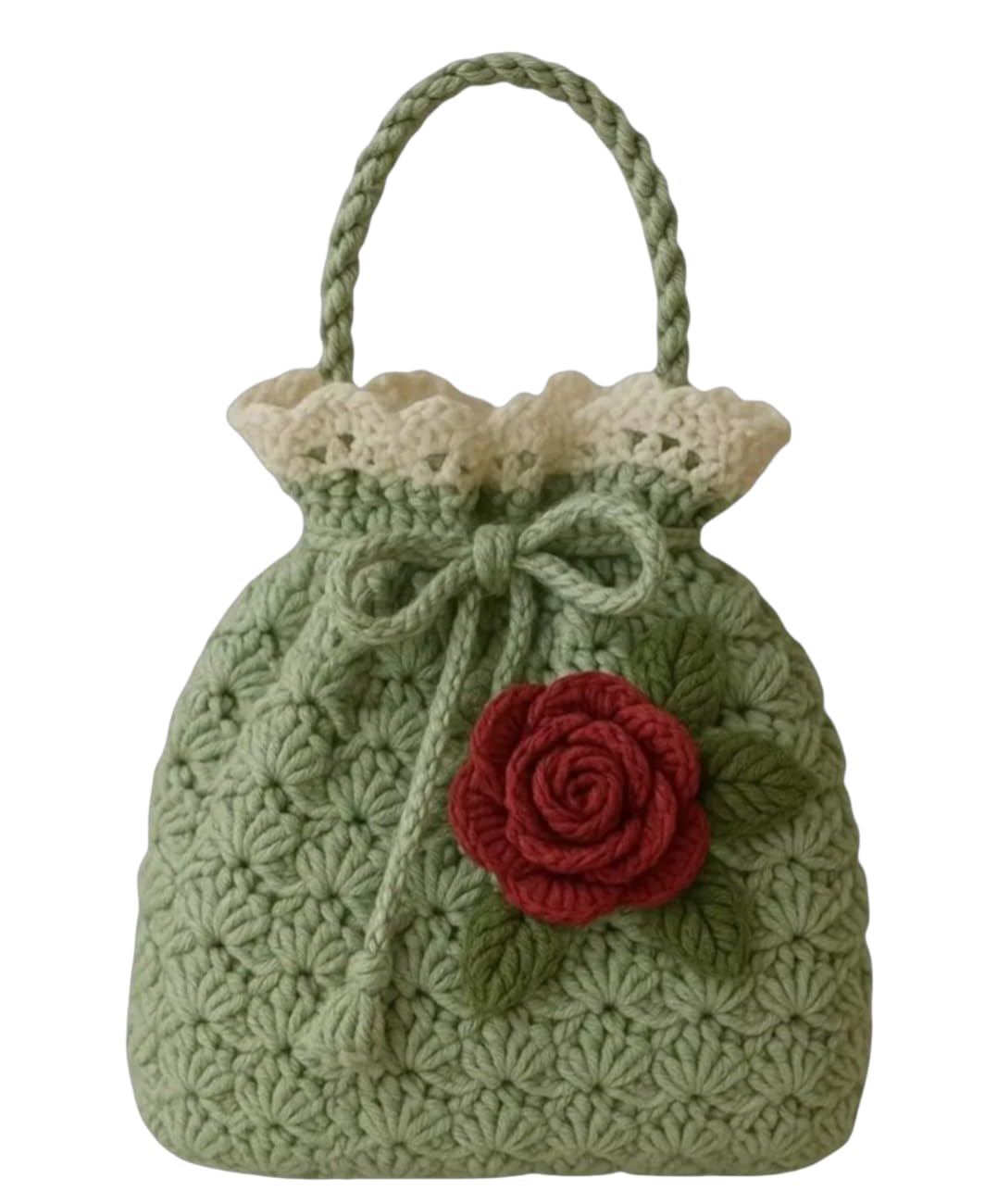 Handmade Crochet Drawstring Pouch Bag, Green, 16 cm Base, with Red Rose Applique, Casual and Special Occasions-picture-33