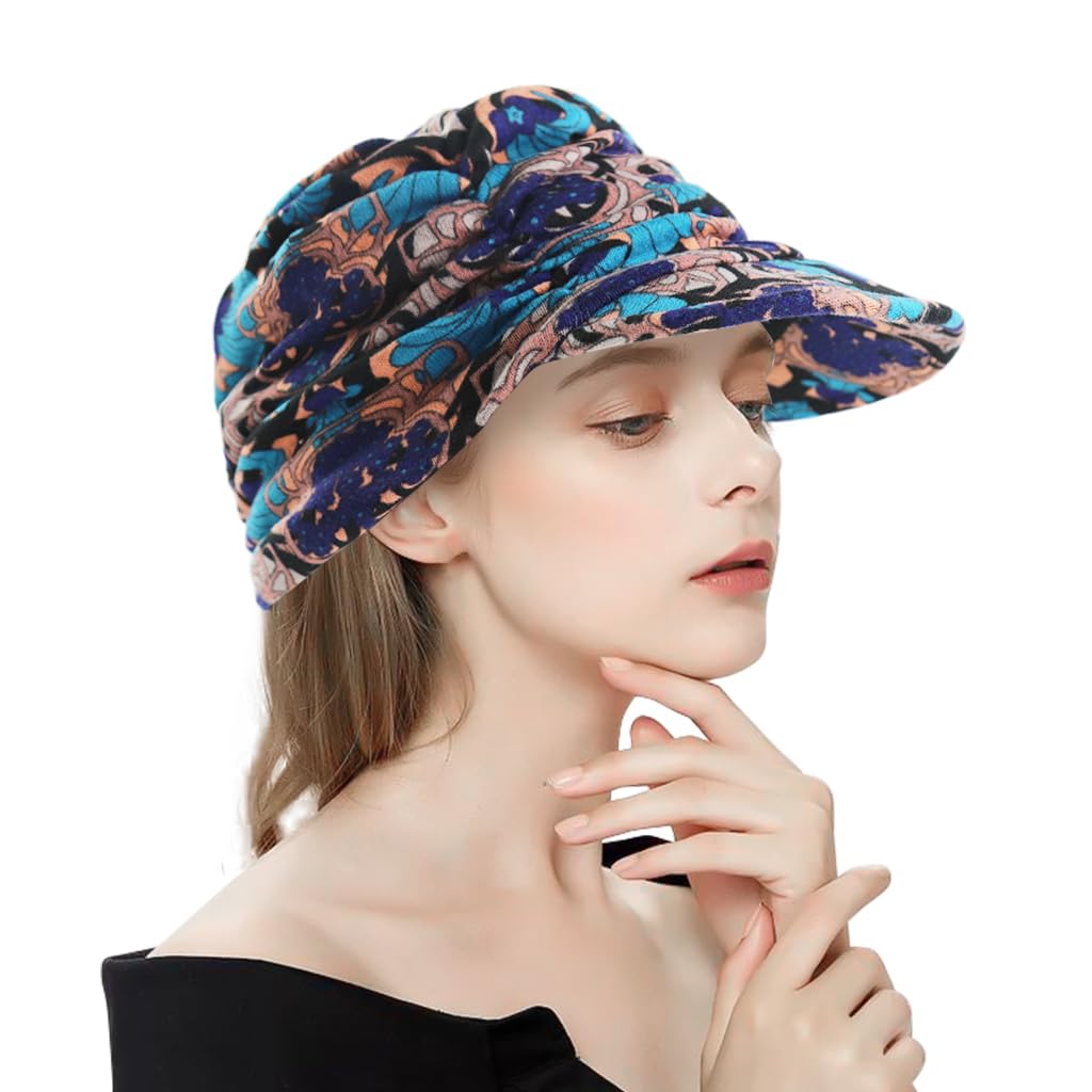 Winter Cap for Women, Warm Beanie Caps for Women, Floral Print Velvet Knit Hat for Women Winter Hats for Women Ladies, Vintage Pleated Cap with Brim for Cold Weather-image-4