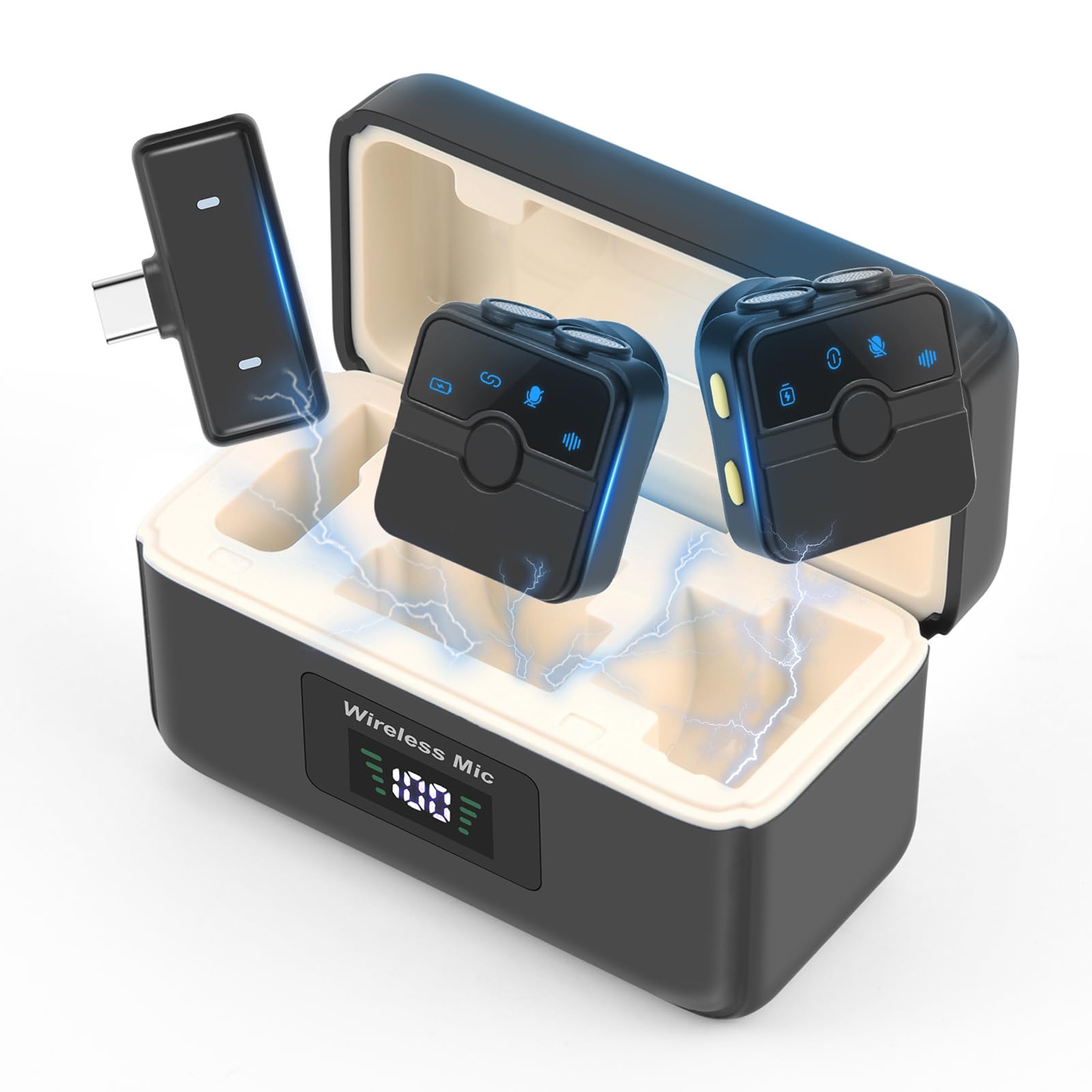 Wisoqu Wireless Lavalier Microphone, Wireless Mics Set with 2 Microphone Magnetic, Charging Case, Plug and Play, Wireless Mic for Video Recording, Live Streaming, Interview (PU3155B Type-C)