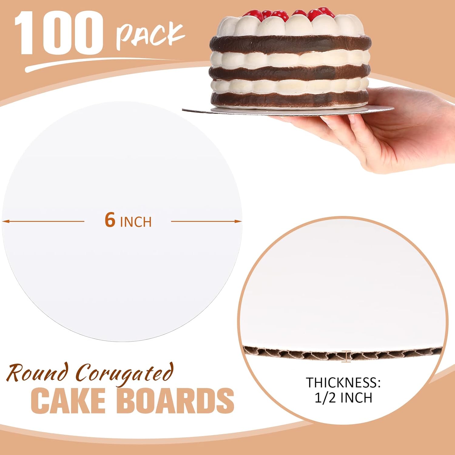 100 Pack 6 Inches Round Cake Boards, Cardboard Cake Circles, Greaseproof & Sturdy Disposable Boards for Baking, Pizza, Desserts & Party Supplies (White)