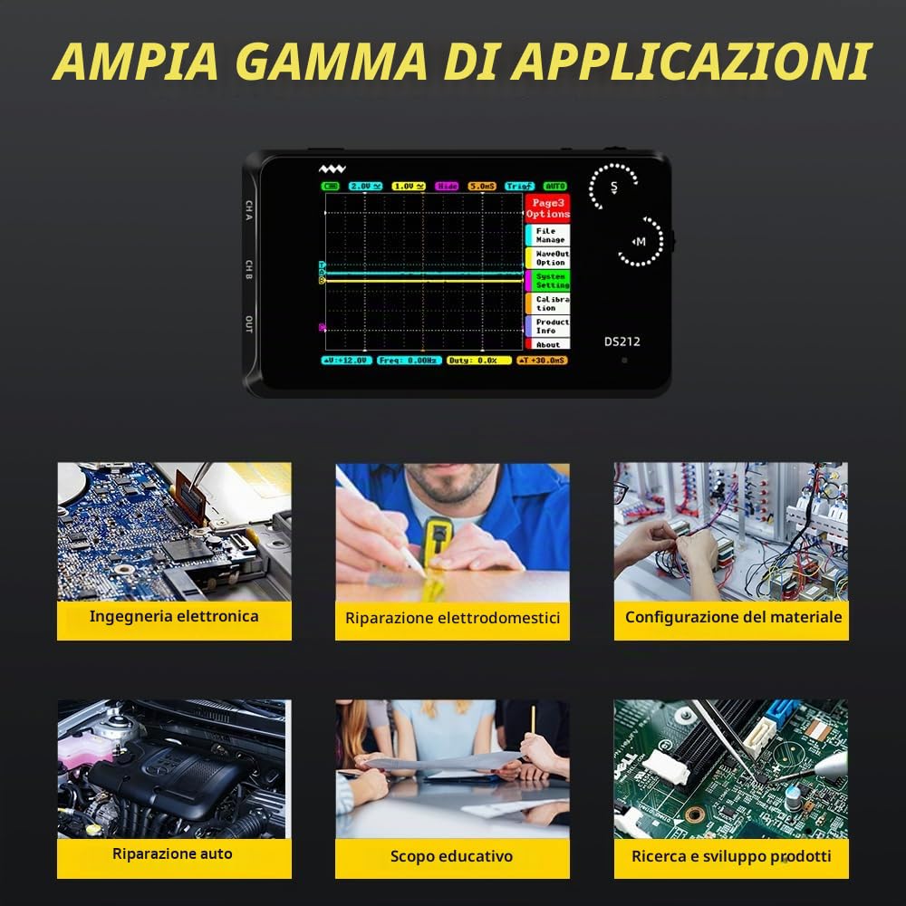 MINIWARE Oscilloscopio Tascabile DS212, Portatile Ridotte Palmare, Batteria Ricaricabile Incorporata, 2 Canali, Larghezza di Banda 1 Mhz, Oscilloscopio Entry Level per Principianti