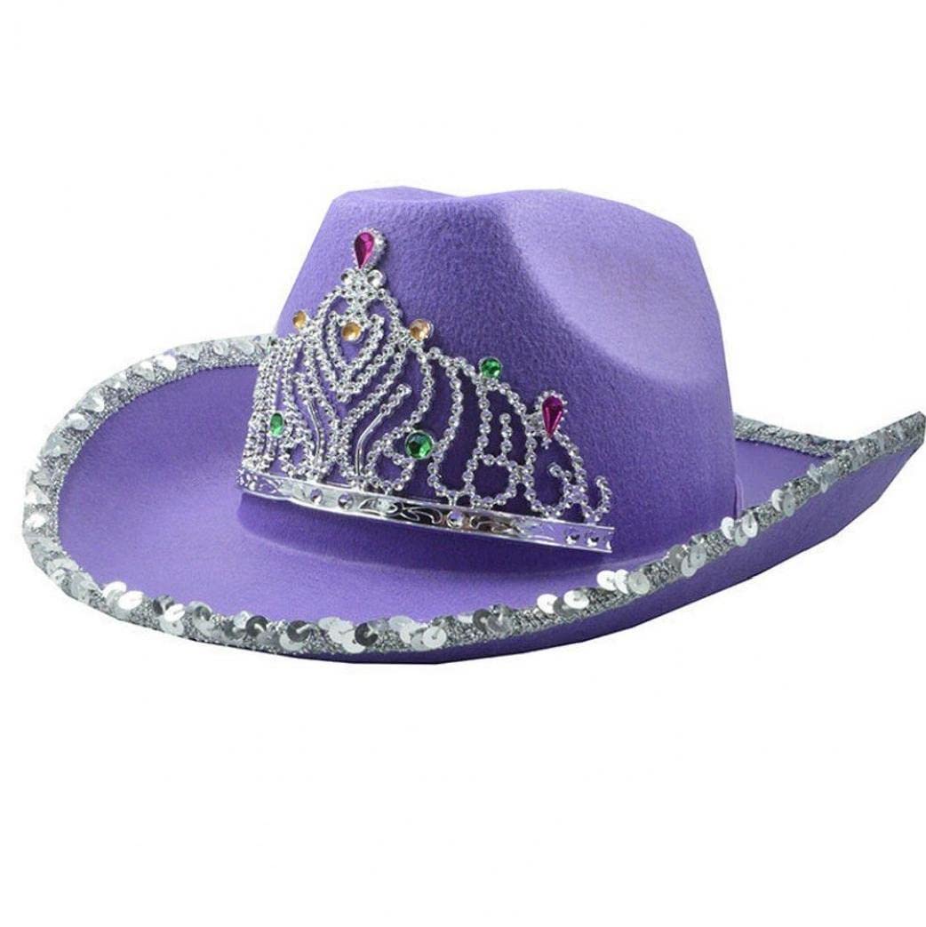 Ruluti Tiara Cowboy Hat Purple Cowgirl Sequin Hat Non Woven Blinking Rhinestone Crown Cap for Party Costume, 22-22.8in/56-58cm