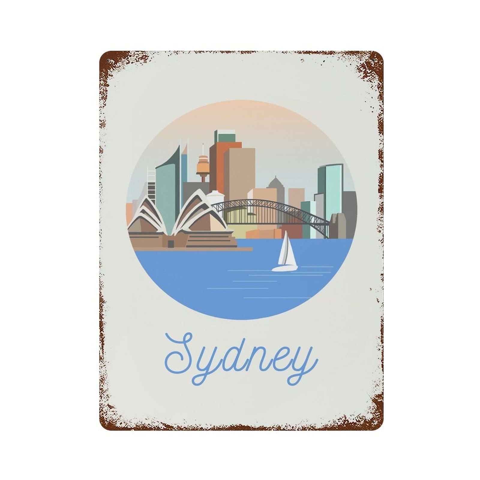 Sydney City Illustration Vintage Metal Tin Sign 15.7"x11.8", for Garage, Bar And Workshop Decor, Novelty Wall Decor