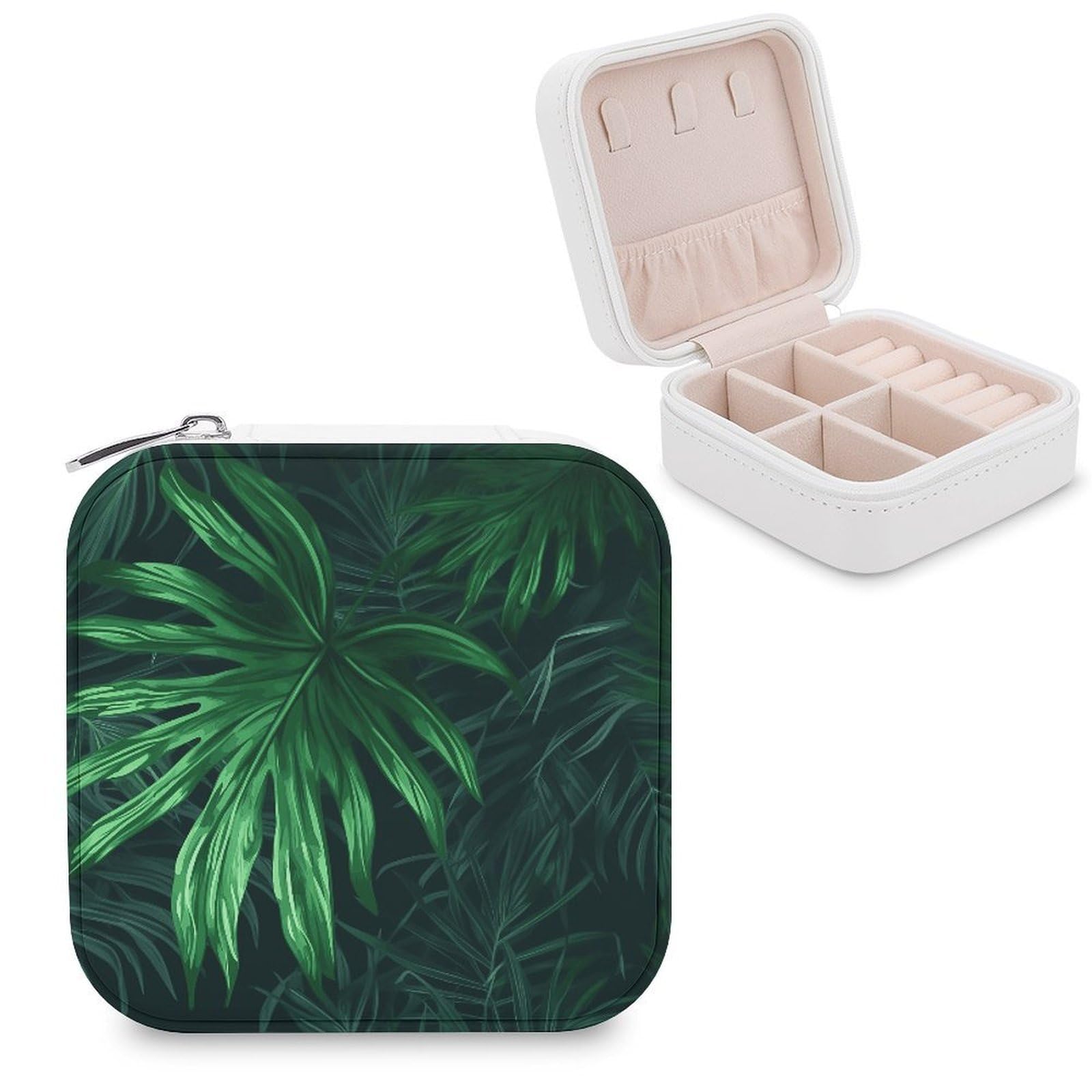 VstaDank Green Tropical Jungle Plant Travel Jewelry Case Small Portable Jewellry Organizer Box PU Leather Organizer Boxes Personalized Jewellery Storage Holder Gift for Womens Rings Earrings