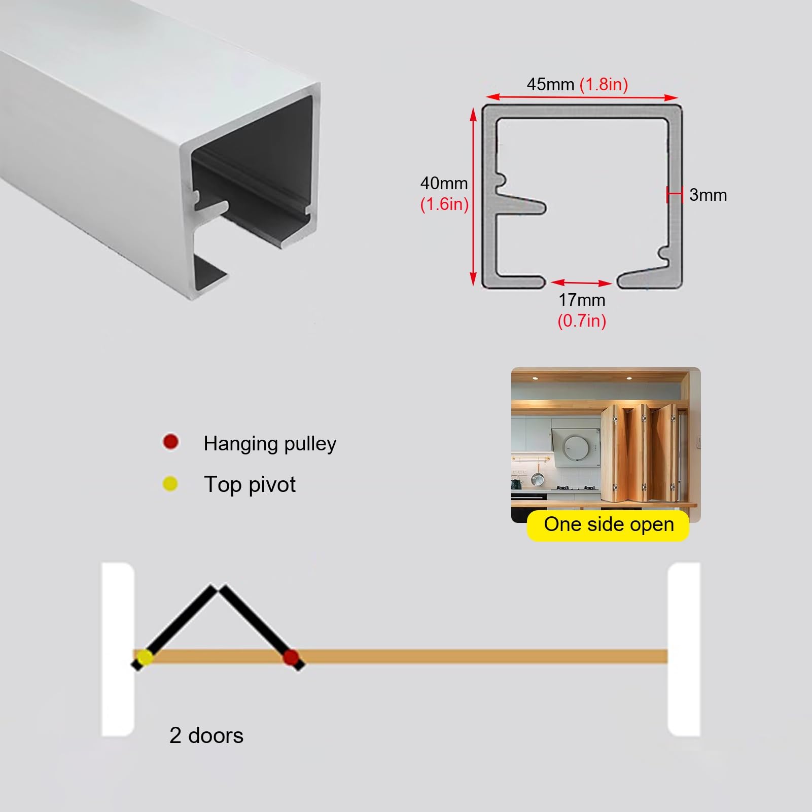 Guia Puerta Corredera Kit de Herrajes para Puertas Corredizas Plegables de Granero de 2, 4 y 6 Puertas, Sistemas de Guías para Puertas Corredizas Empotradas,(2-door(one side open),1m/3.3ft)