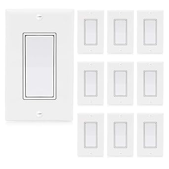 Single Pole Decorative Wall Switch On/Off White 15A, Rocker Light Switch Wall Plates Included (10 Pack)