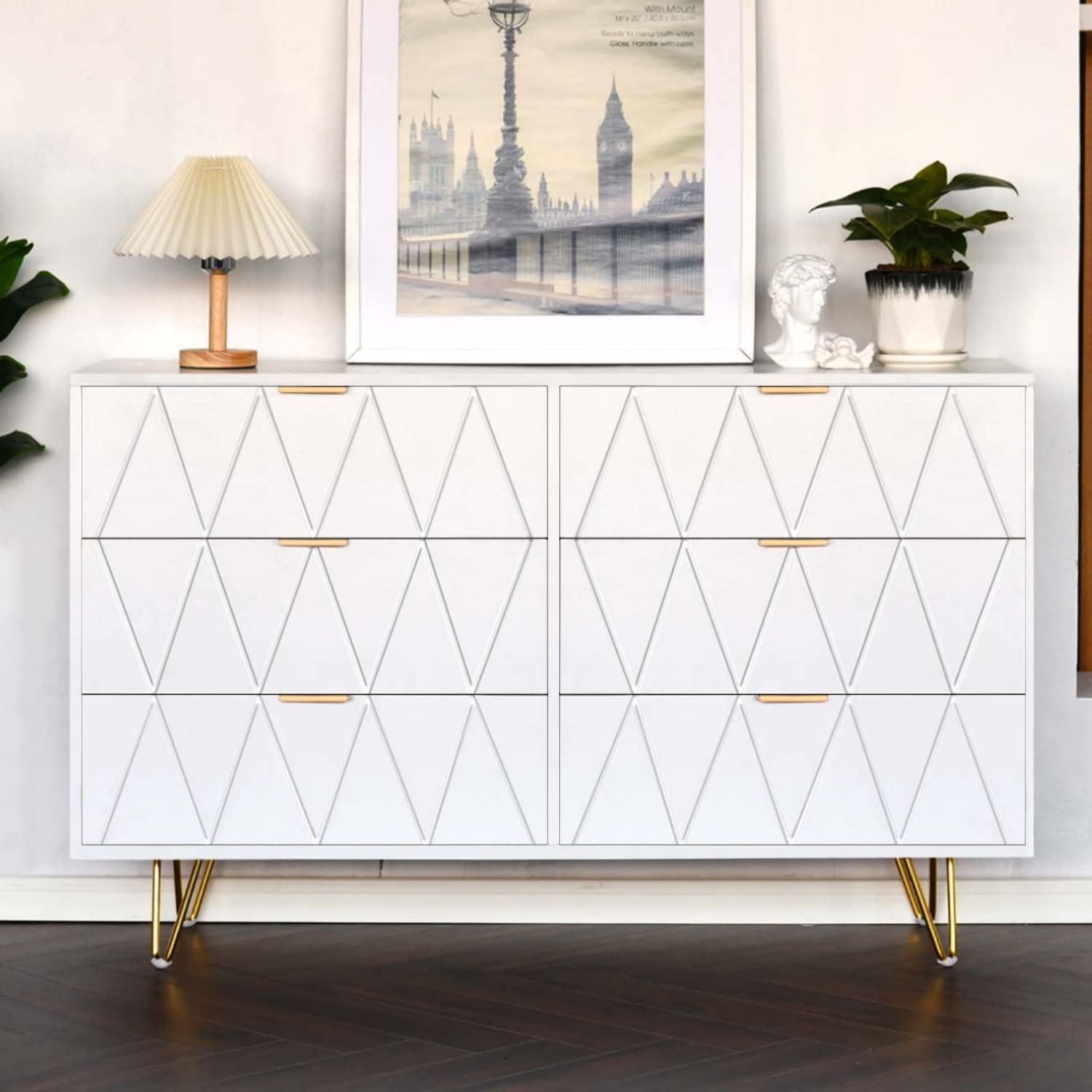 Catrimown White 6 Drawer Dresser for Bedroom White Dressers & Chest of Drawers Wood Dresser with Storage Modern White Dresser with Gold Handles for Bedroom Living Room Entryway (White)