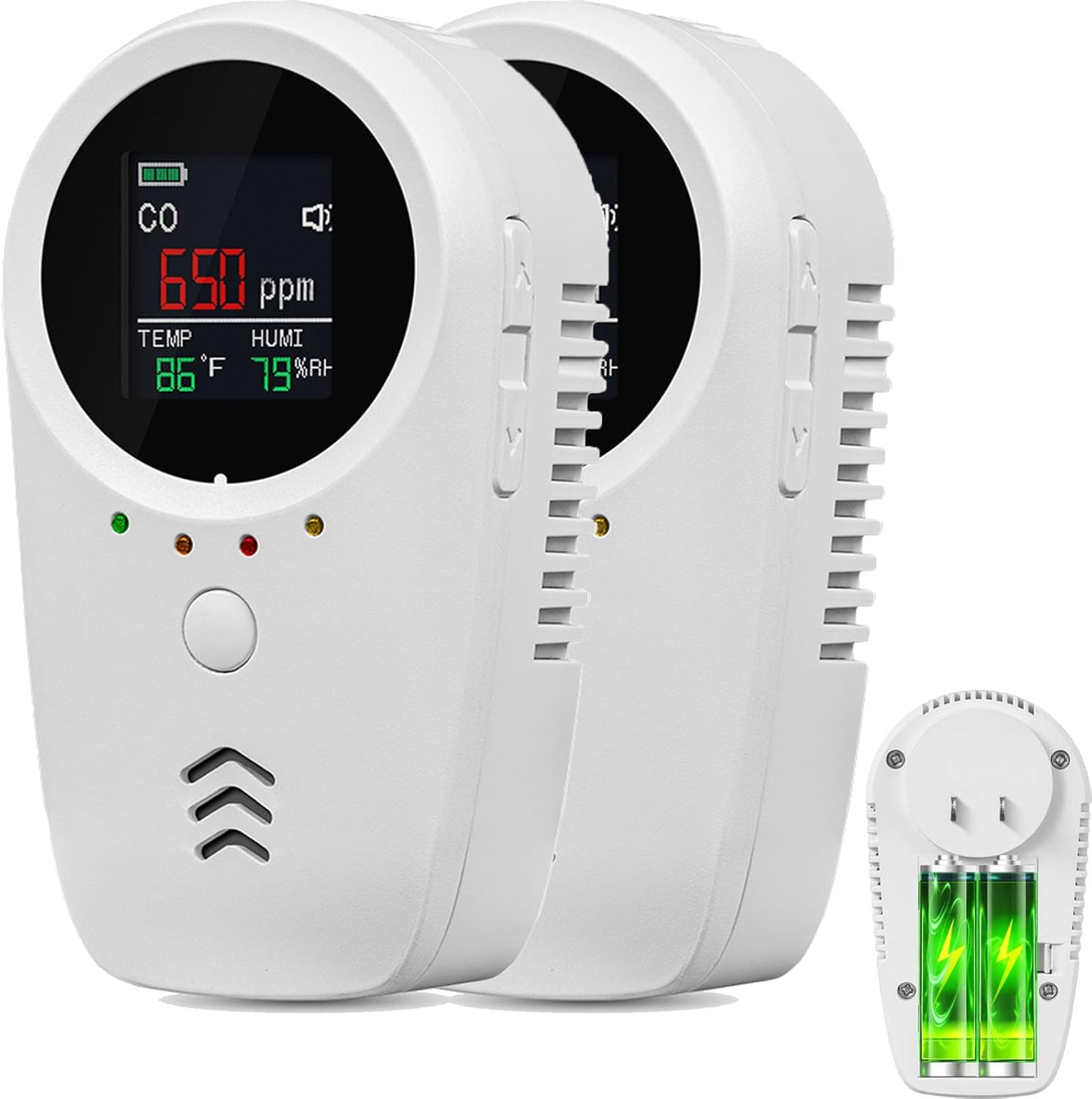 2 Pack 5-in-1 Co & LNG Monitor with 2000mAh Lithium-ion Battery, Sound Alarm Over 85dB, with Temperature/Humidity LCD Display