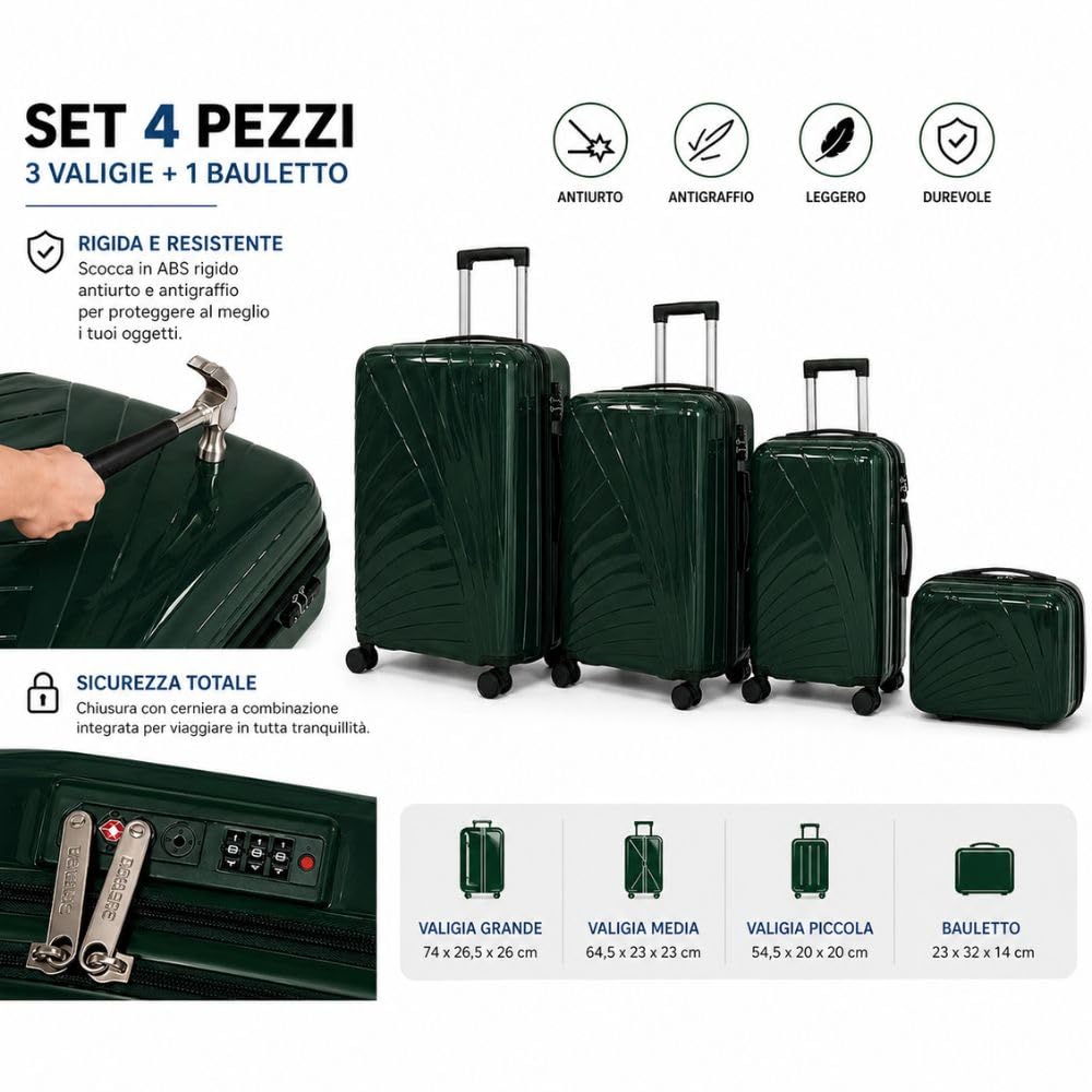 Set Valigie Rigide 4 Pezzi (3 Trolley + 1 Beauty Case) in ABS Antiurto, 4 Ruote 360°, Chiusura a Combinazione, Leggere e Resistenti (Verde)