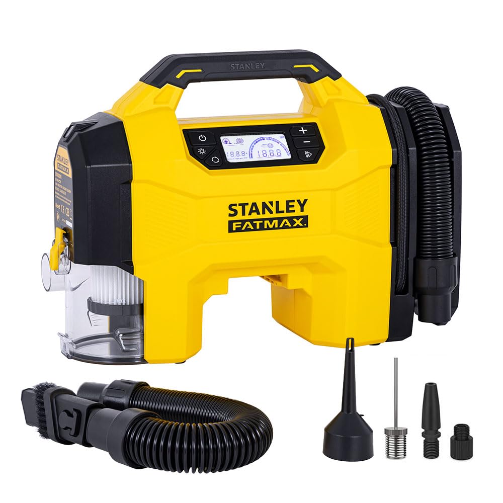 STANLEY SXVI02001 12Volt/18Volt 160 PSI Dijital Basınç Göstergeli Lastik & Yatak Şişirme Pompası + Araç Süpürgesi + Led Lamba (Akü Dahil Değildir)