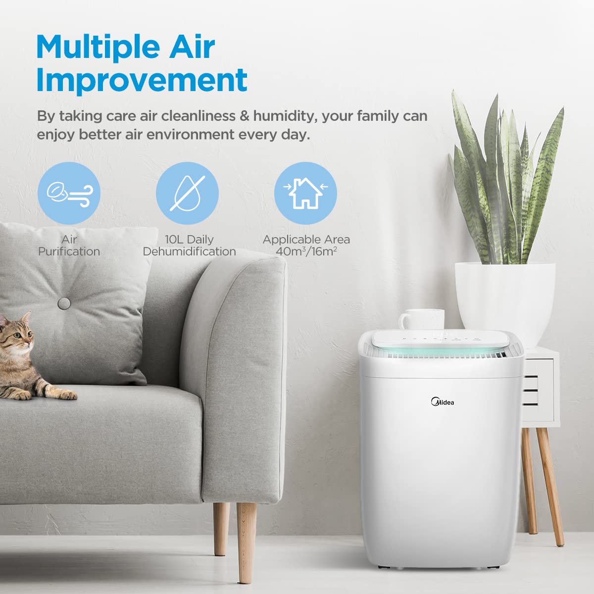 Midea Osuszacz powietrza 10L/24H, osuszacz powietrza do domu, sterowanie Wi-Fi, filtr HEPA, FRESH DRY 10