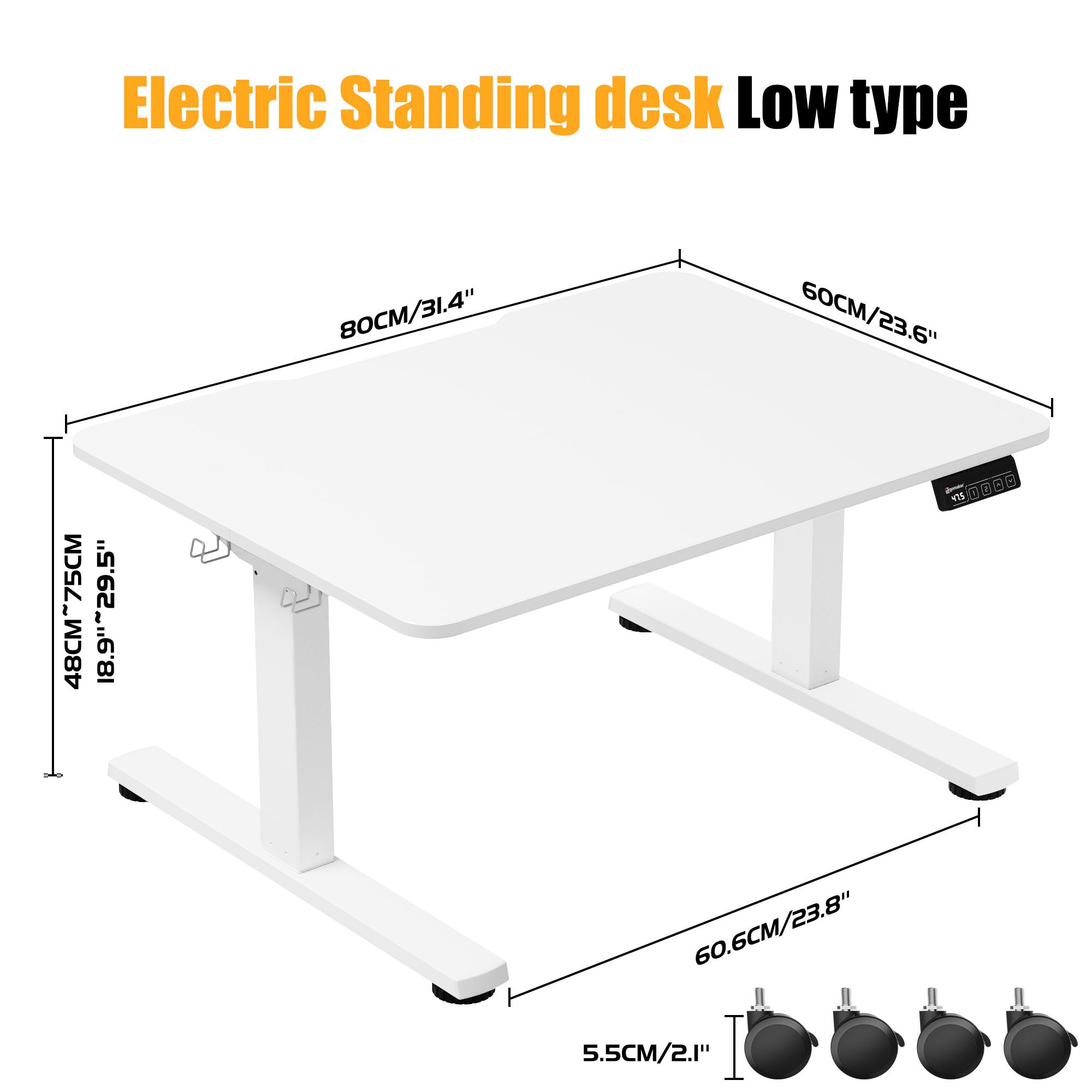 ERGOMAKER Biurko elektryczne z regulacją wysokości 80x60 cm, niska wysokość 48-75 cm, regulowane biurko na kółkach i z hakami, biurko stojące z funkcją pamięci do domu i biura, Biały
