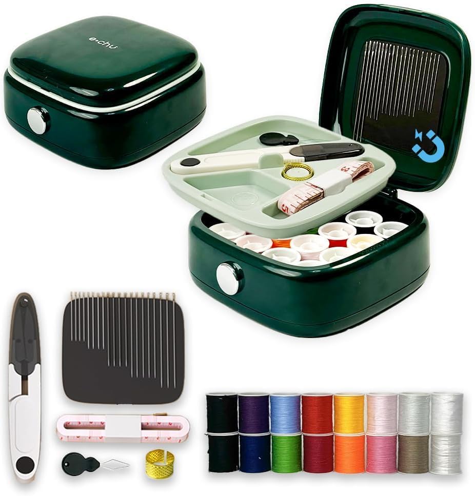Prinzex Double Layer Tailoring Sewing Kit Box with 16 Thread Spool, Needles, Measure Tape, Scissors for Adults, Beginners, Emergency, Travel, Portable Sewing kit Box (Green)