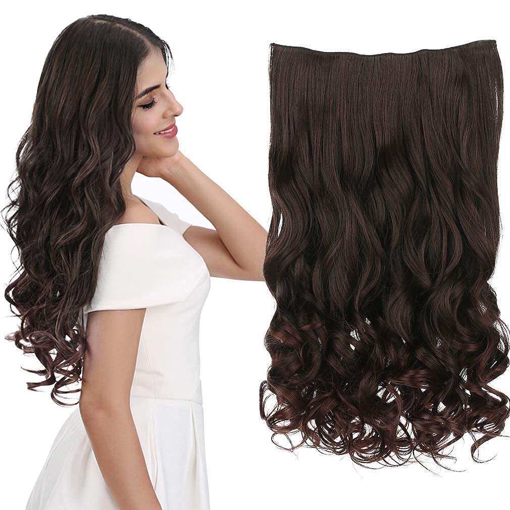 REECHO 24" 1-Pack 3/4 Full Head Curly Wave Clips in on Synthetic Hair Extensions HE008 Hairpieces for Women 5 Clips per Piece-Dark Brown