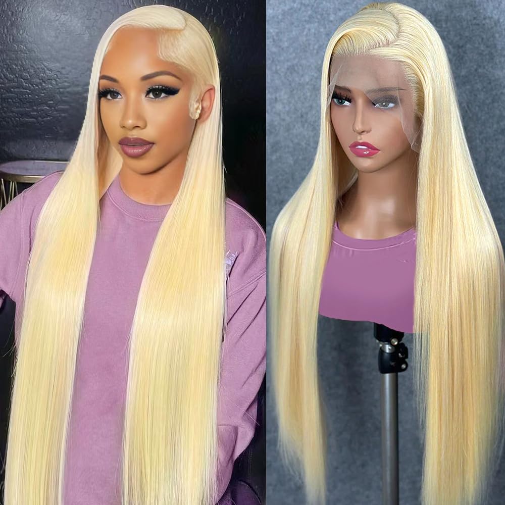 mululi 34 Inch 613 Lace Front Wig Human Hair 200% Density Blonde Lace Front Wigs Pre Plucked Straight Lace Front Wigs HD Lace Frontal Wig 13x6 613