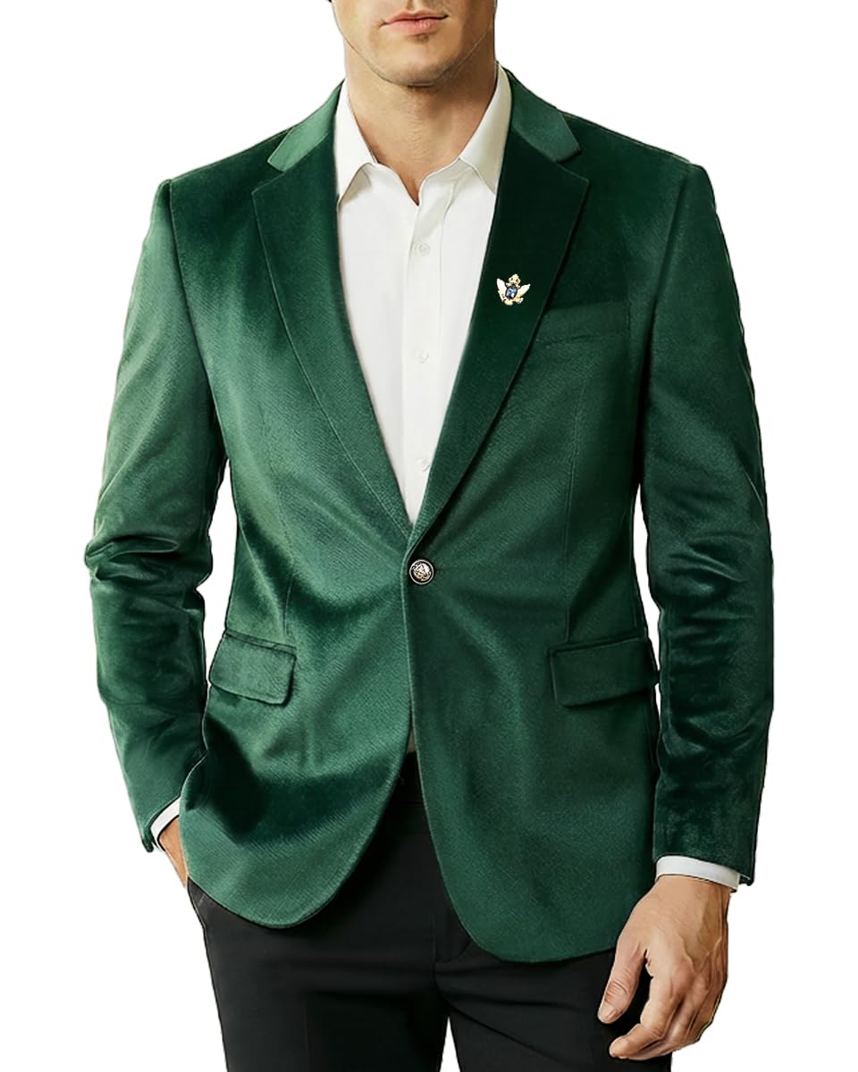 WYWK Men's Casual Velvet Blazer for Men one-Button Lapel Tuxedo Jacket with Brooch Dinner Party Wedding Prom