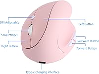 Vista 5 de Mouse inalámbrico vertical de 2.4G con receptor USB, 6 botones, diseño vertical ergonómico hacia adelante y hacia atrás, ratones verticales Rosado