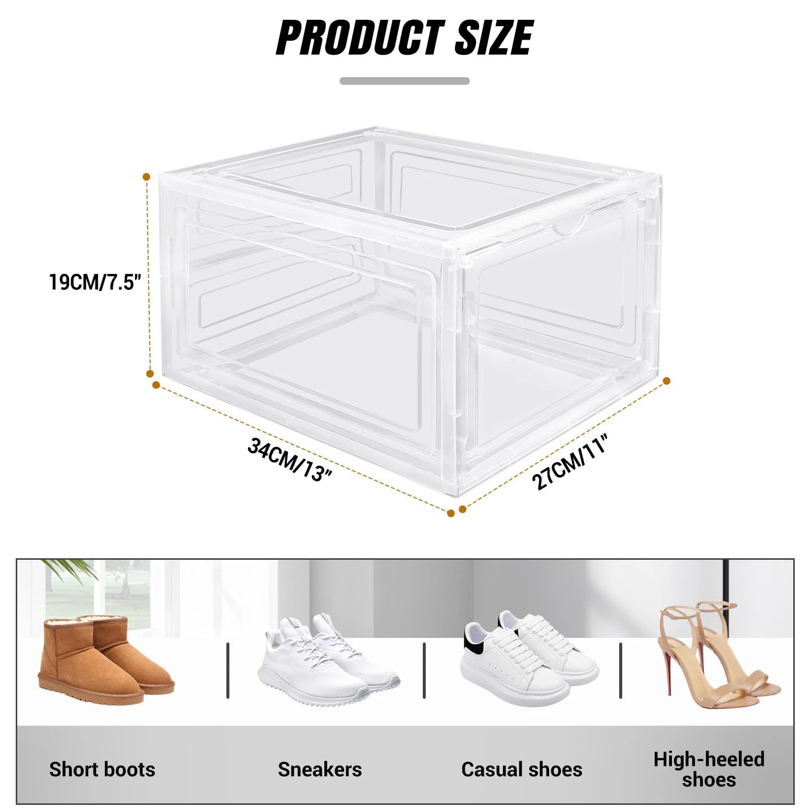 Paquete de 6 cajas de almacenamiento transparentes de plástico duro apilables para zapatos, cajas de almacenamiento de zapatos, cajas grandes de plástico transparente apilables (6 unidades)