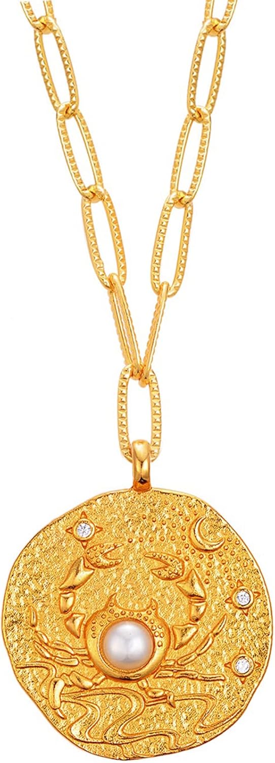 12 Constellation Necklace Lucky Zodiac Personalized Necklace 18K Heavy Gold Plated Paperclip Chain Necklace with Crystals and Gemstones Double Sided Coin Necklace Birthday Day Gifts for Women Girls